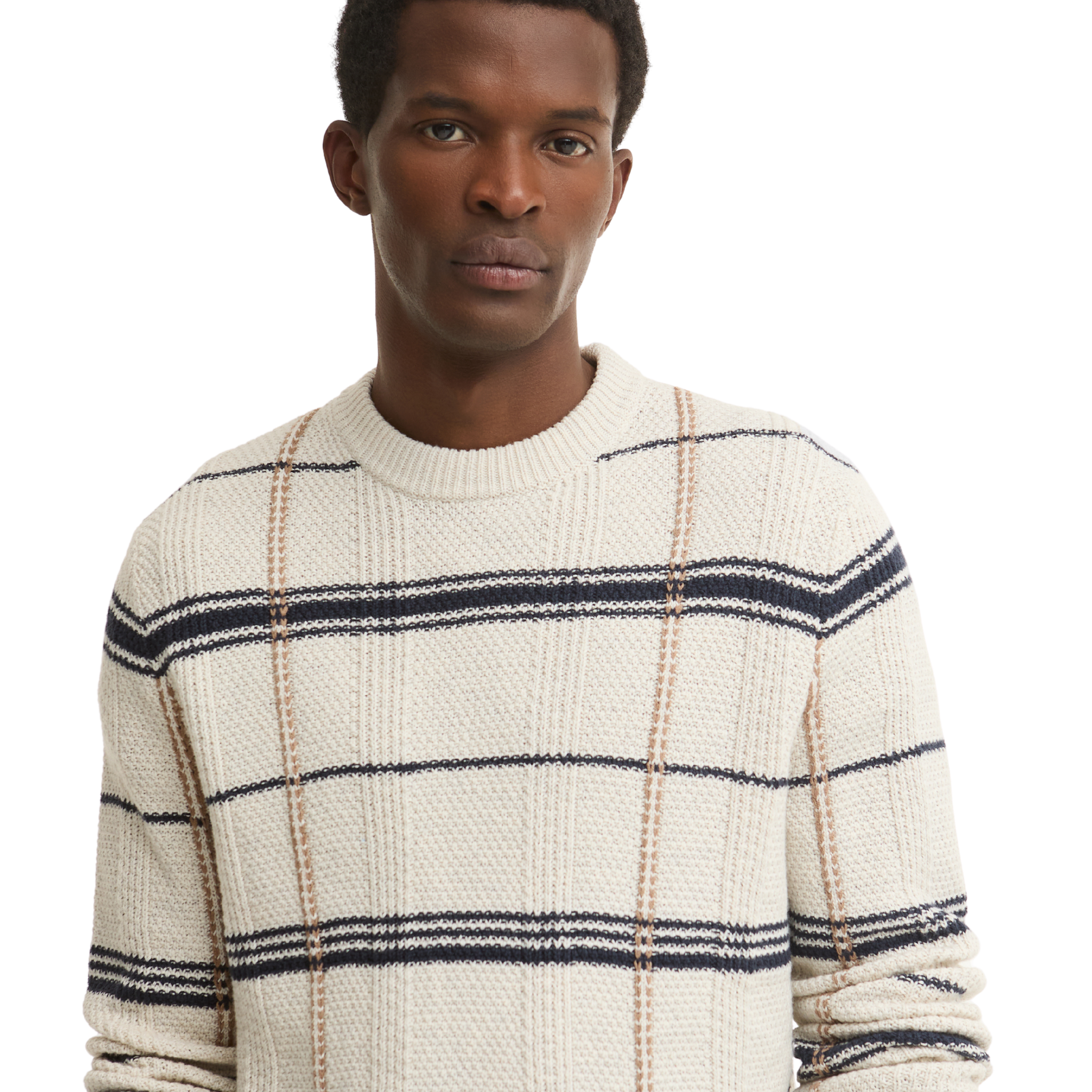 Mens Barbour Whisper White Fasey Cable Tartan Crew Knit