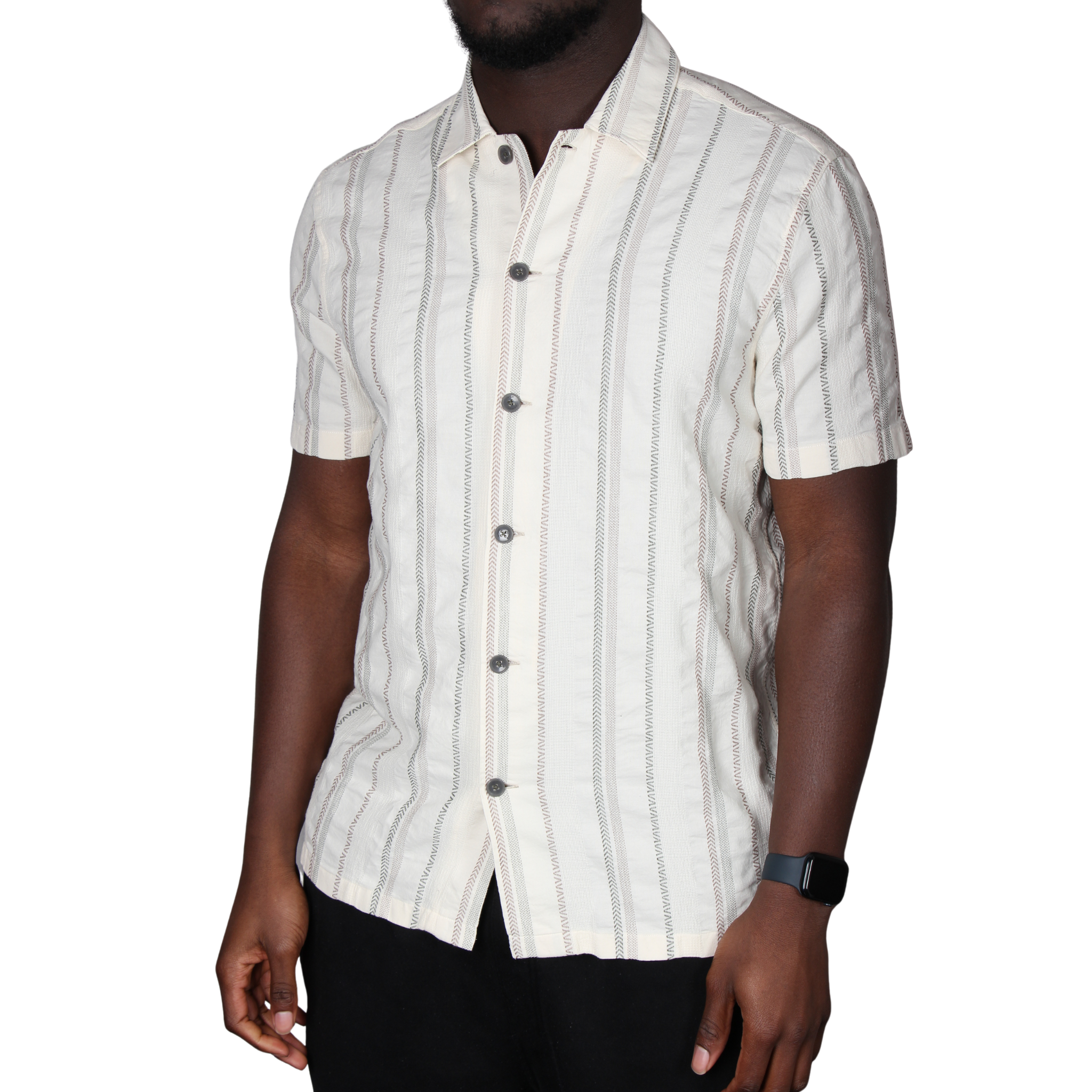 Mens Remus Uomo Stone Woven Stripe Tapered Fit S/s Shirt
