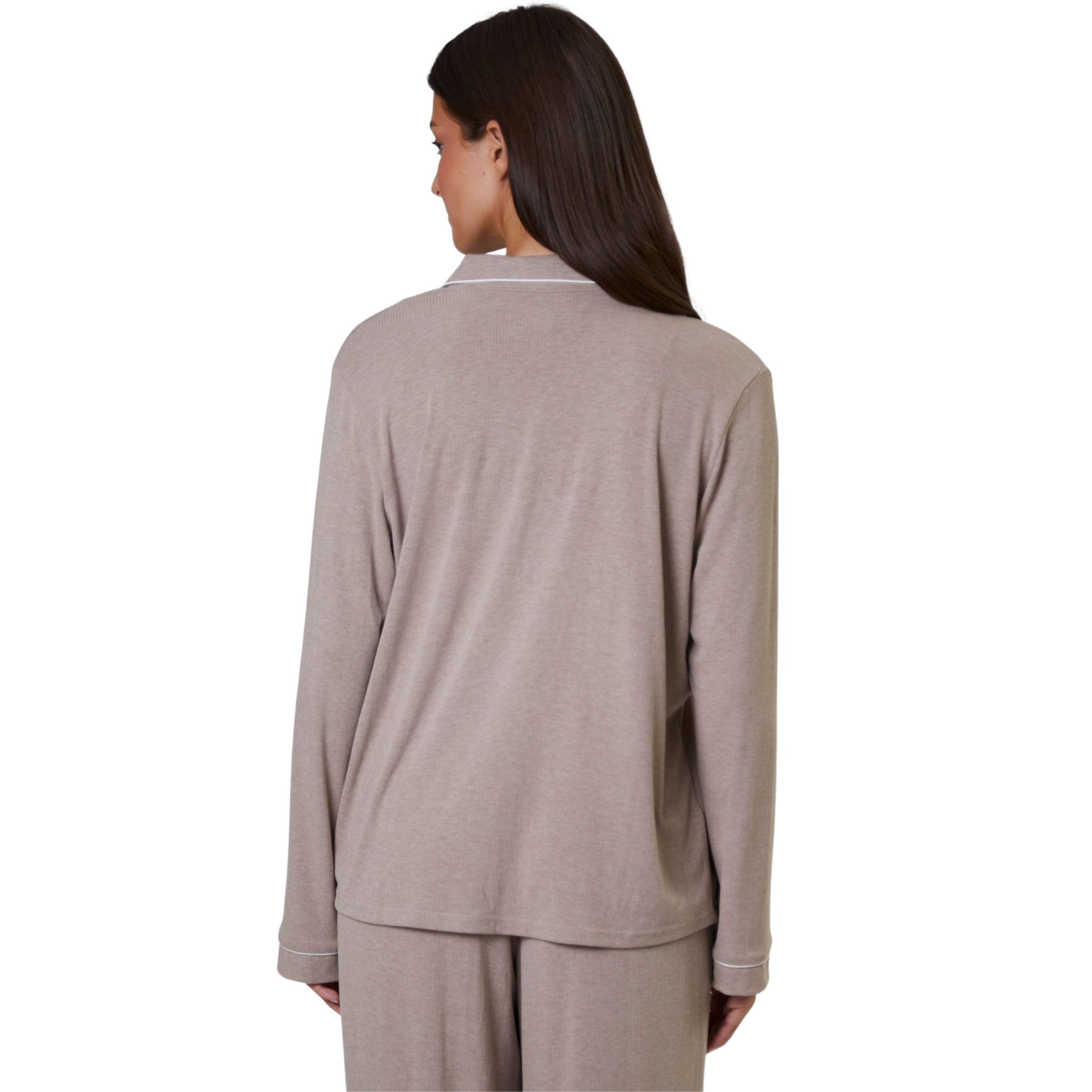 Womens Oatmeal Rib L/s Buttoned Pyjamas