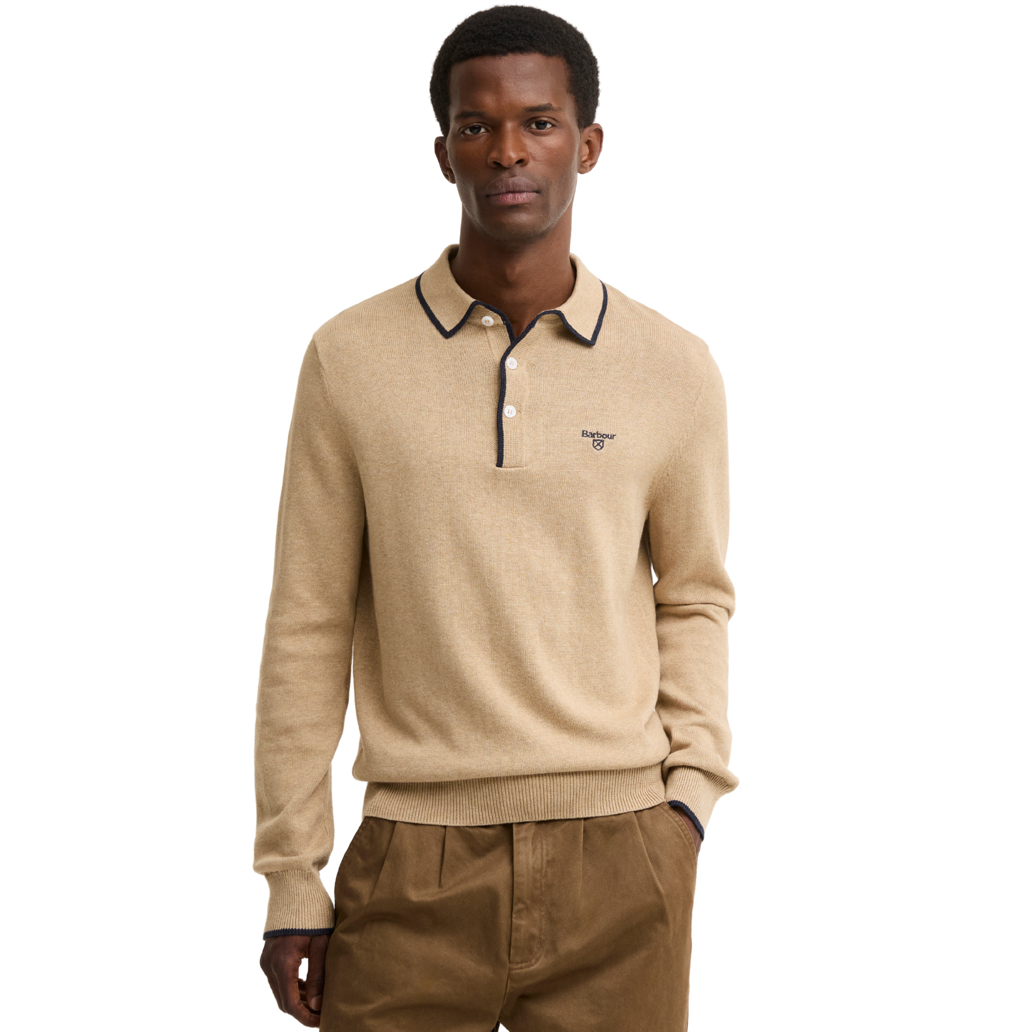 Mens Barbour Stone Taunton Knitted L/s Polo