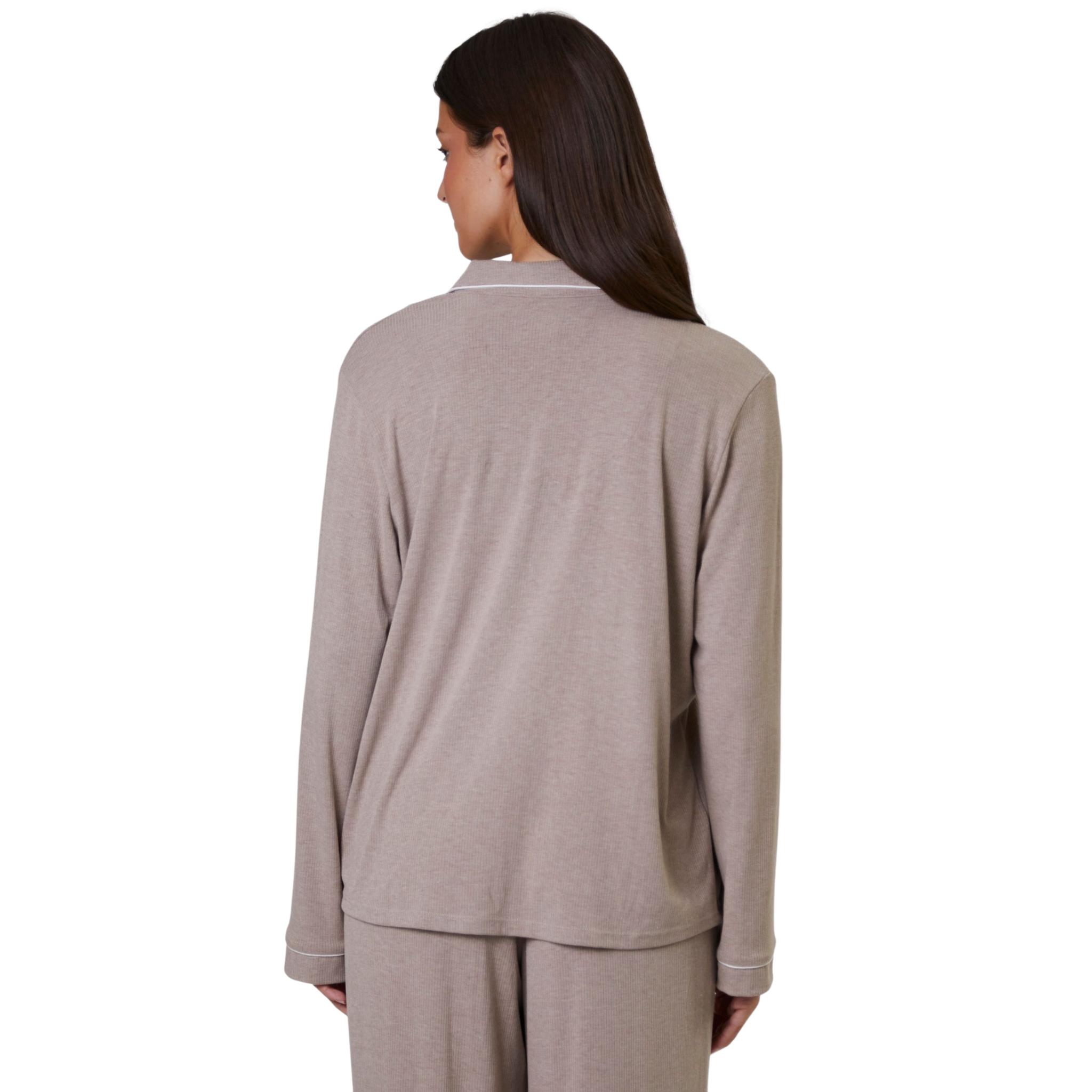 Womens Oatmeal Rib L/s Buttoned Pyjamas