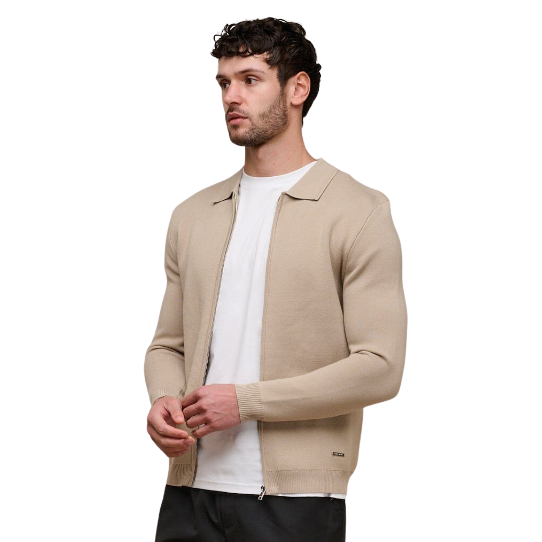 Mens Belier Beige Knit Zip Through Cardigan