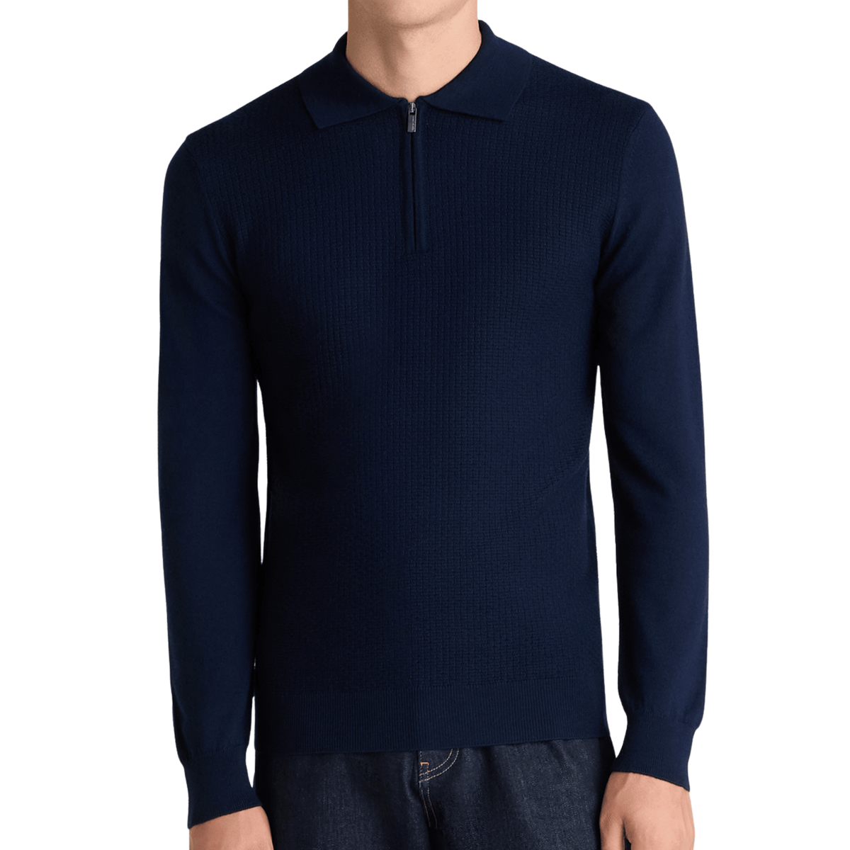 Mens Remus Uomo Navy Structure Knit Zip L/s Polo Shirt