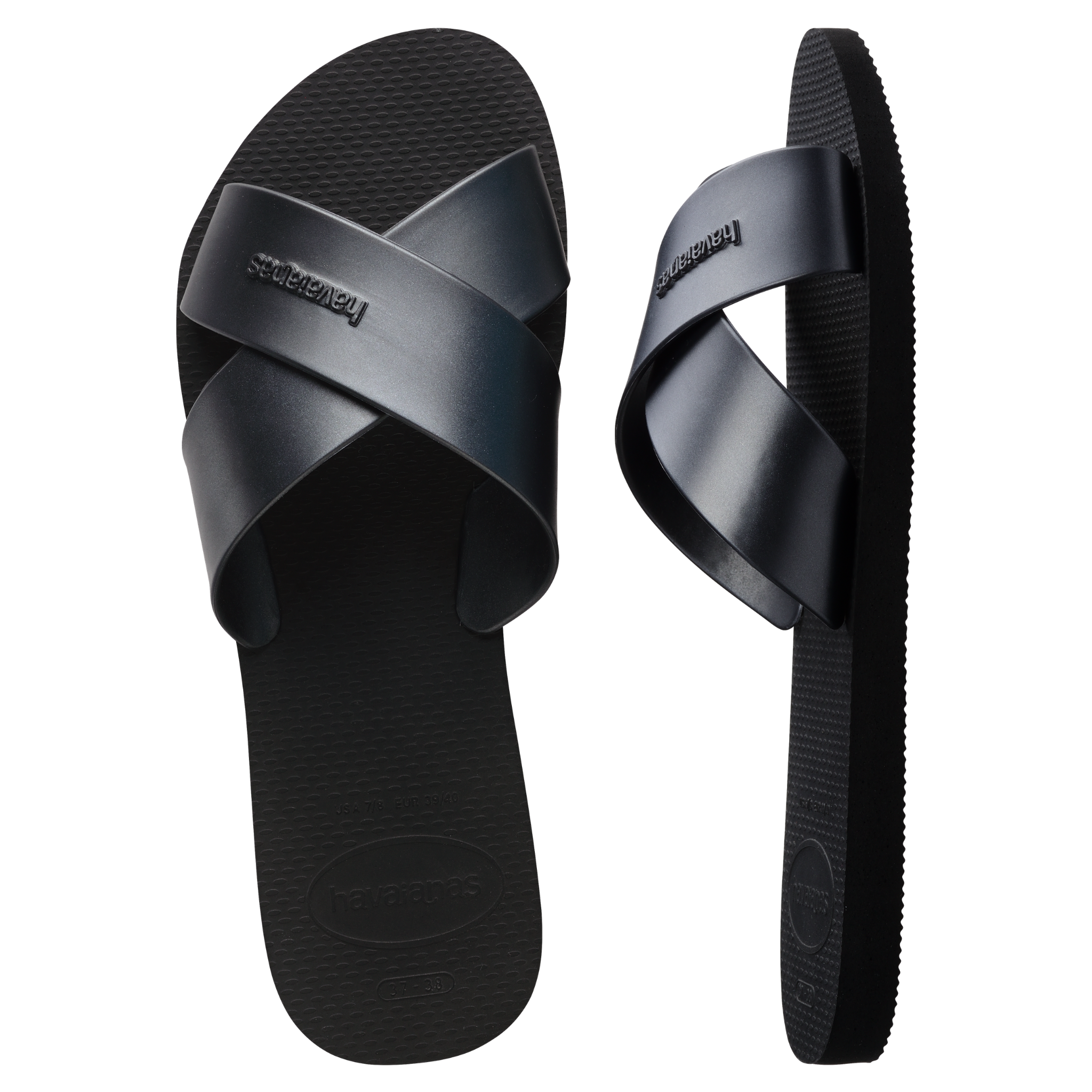 Womens Havaianas Black Aqua Metallic Slides