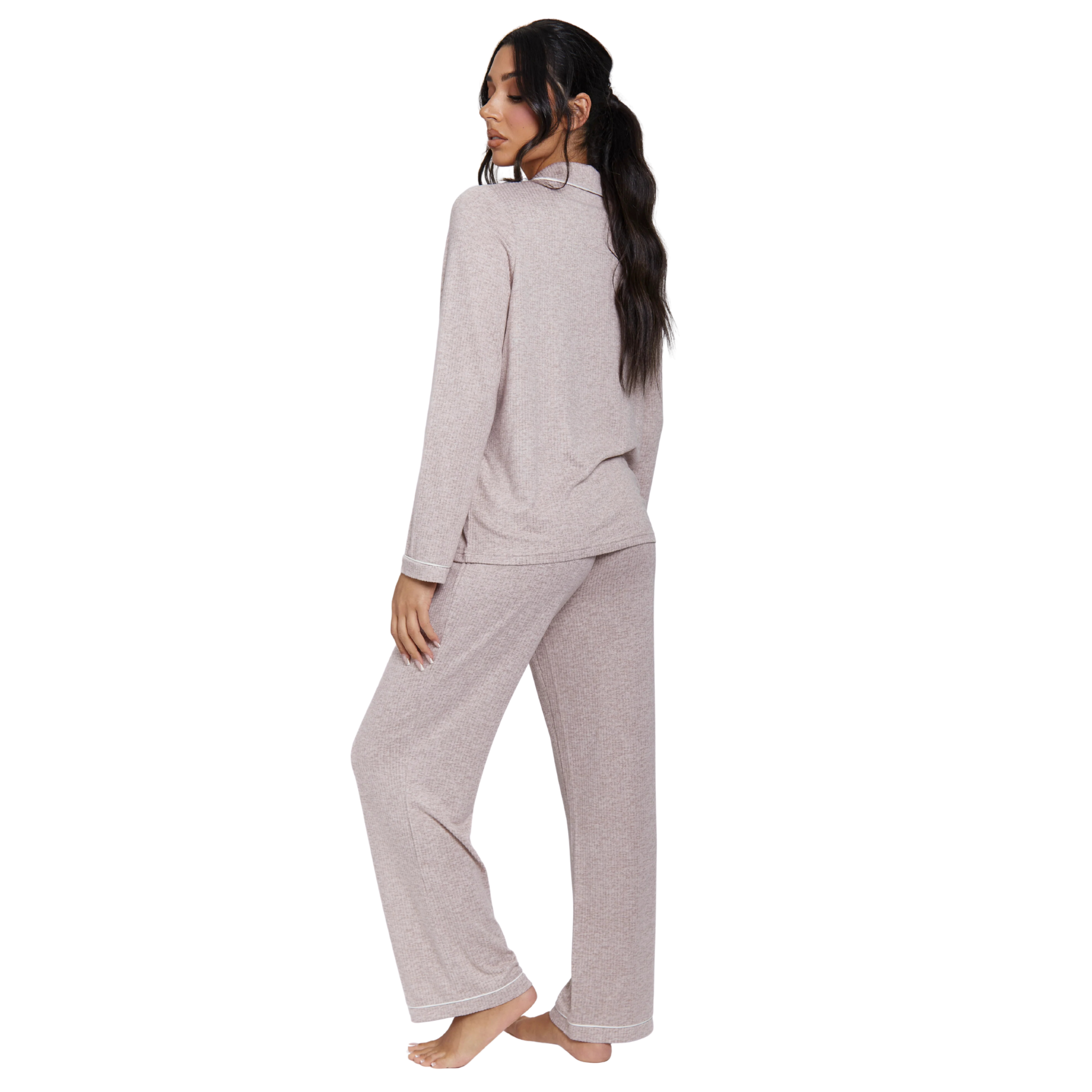 Womens Taupe Marl Brushed Rib Long Sleeve Buttoned Pyjamas