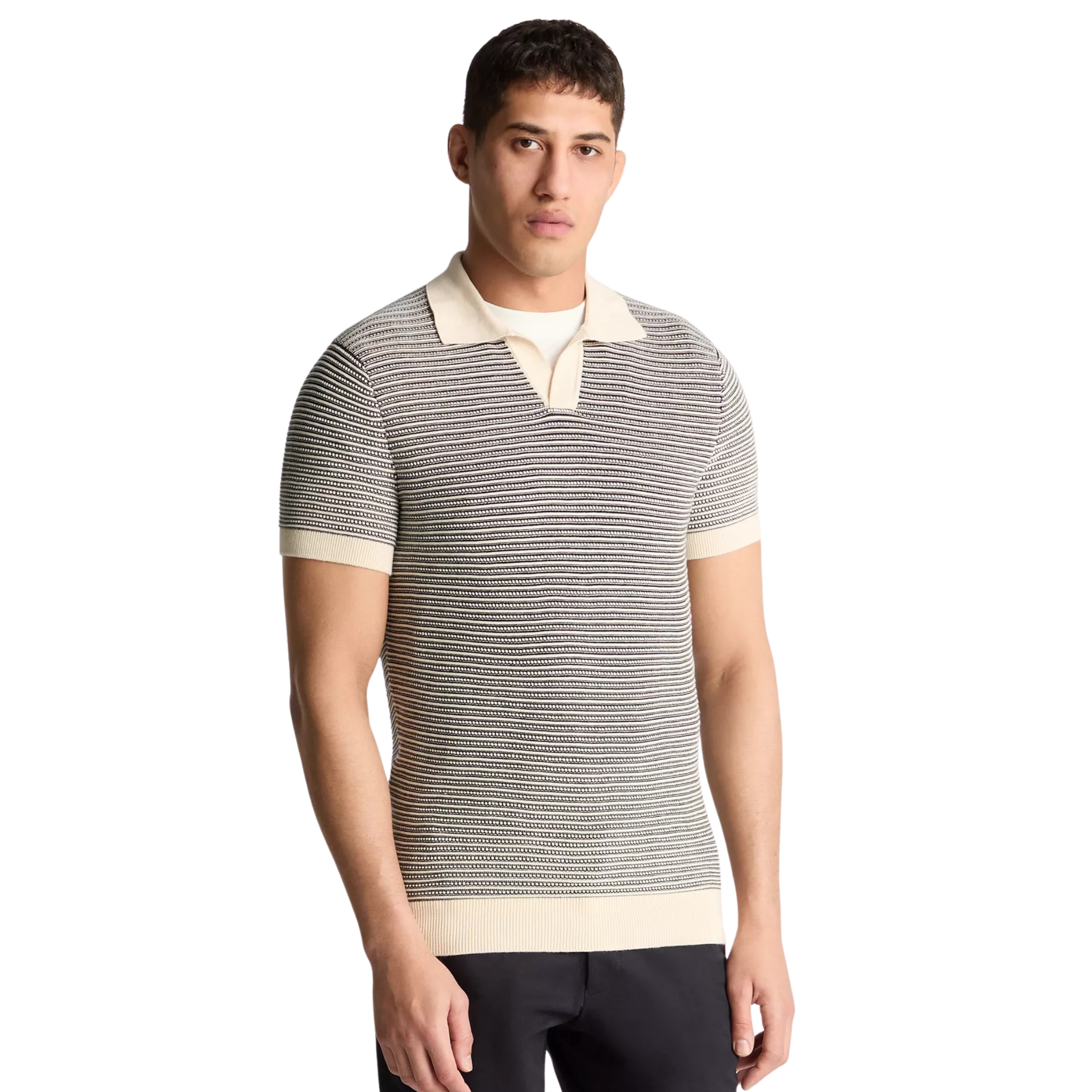 Mens Remus Uomo Navy Stripe Knit Open Collar S/s Polo Shirt