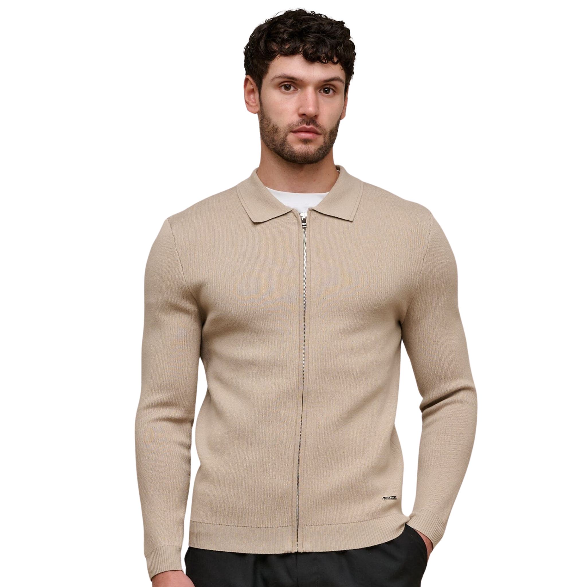 Mens Belier Beige Knit Zip Through Cardigan