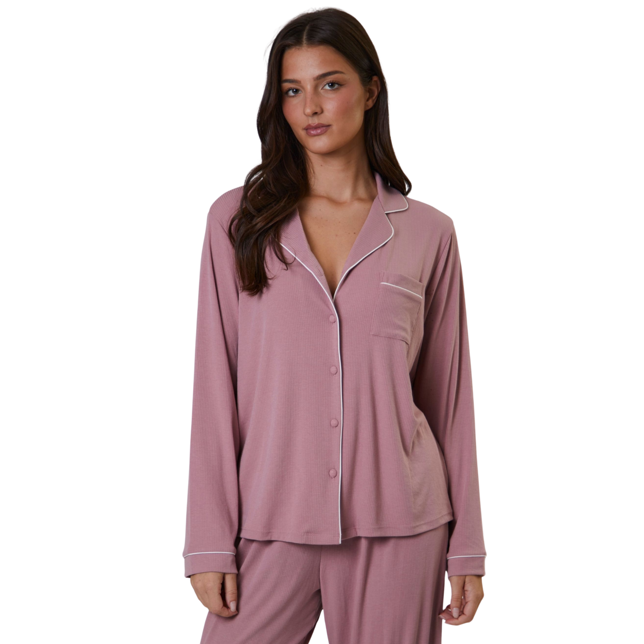 Womens Pink Rib L/s Buttoned Pyjamas