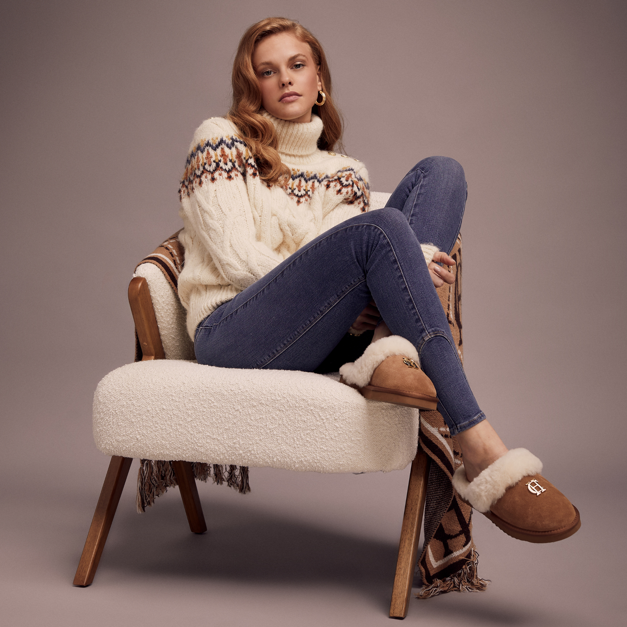 Womens Holland Cooper Tan Shearling Slippers