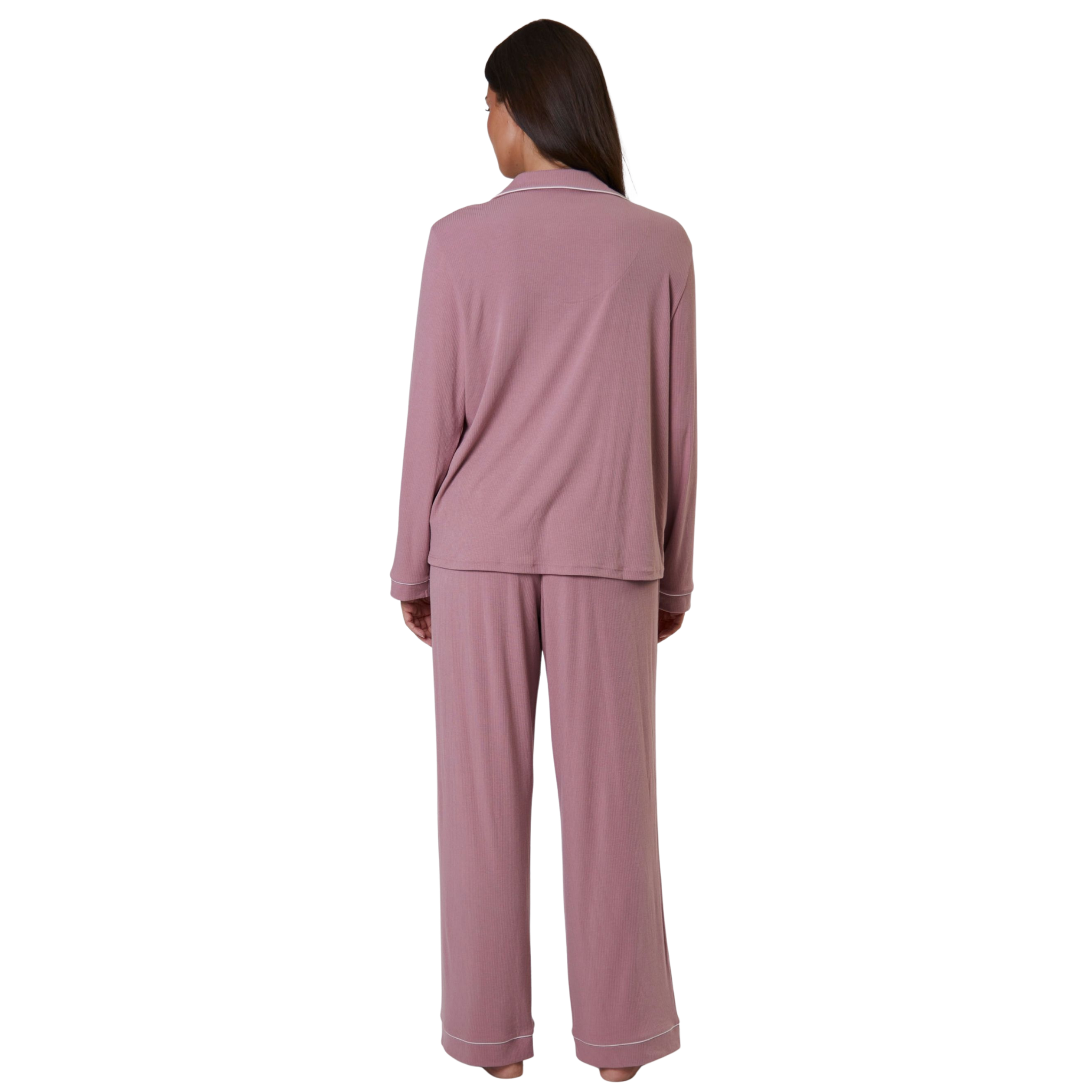 Womens Pink Rib L/s Buttoned Pyjamas