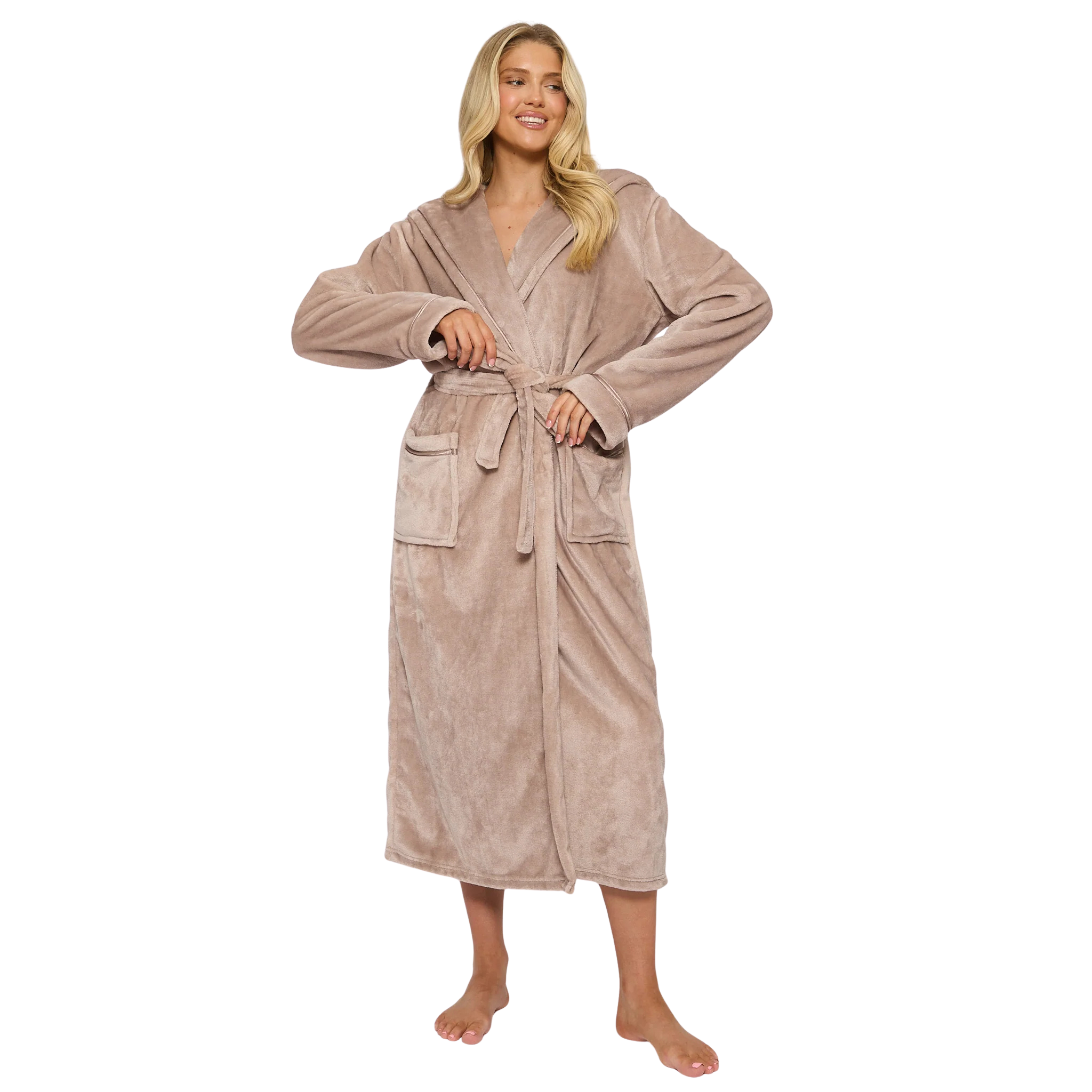 Womens Taupe Ribbon Trim Luxury Fleece Hooded Maxi Robe