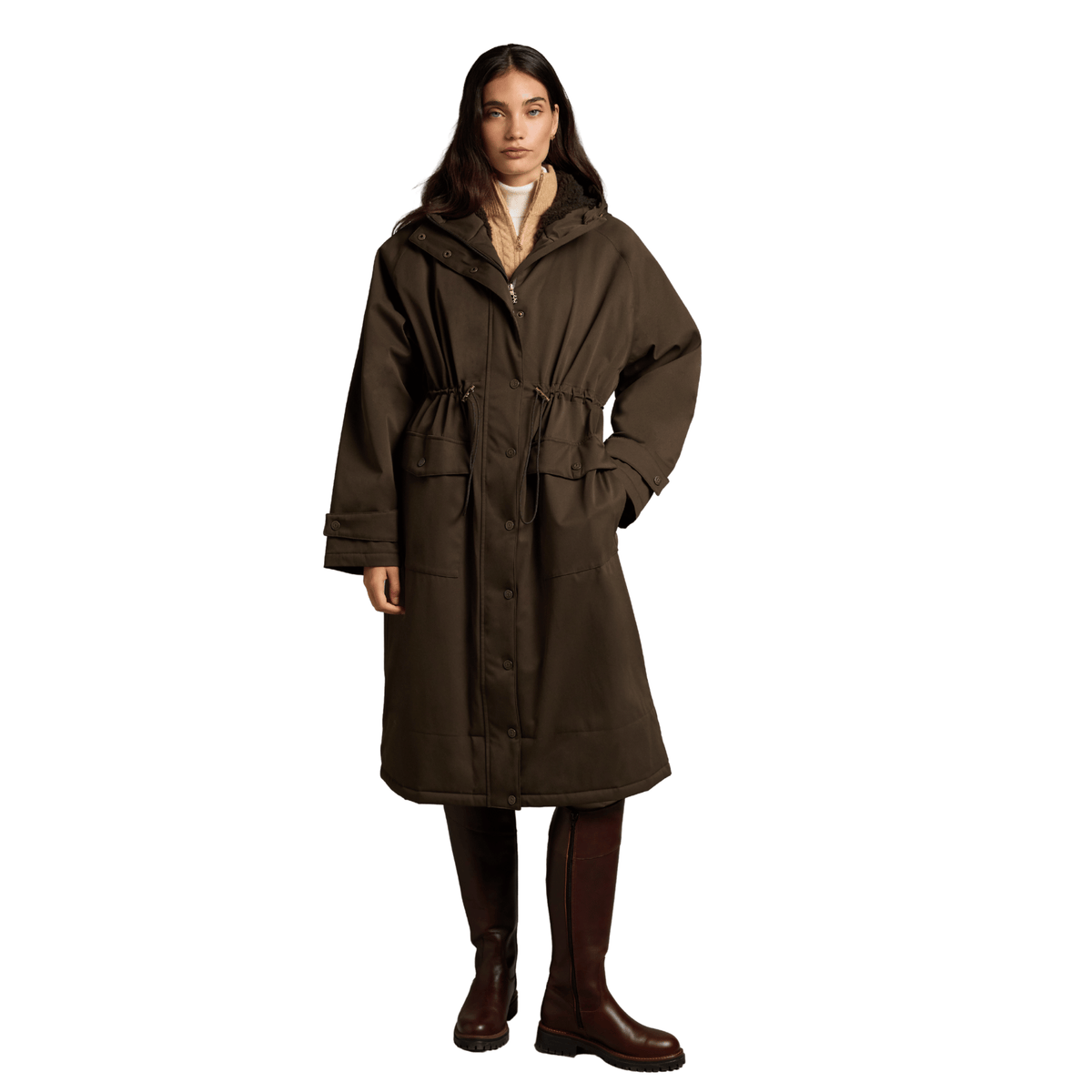 Womens Holland Cooper Olive Brown One-Size Waterproof Longline Parka
