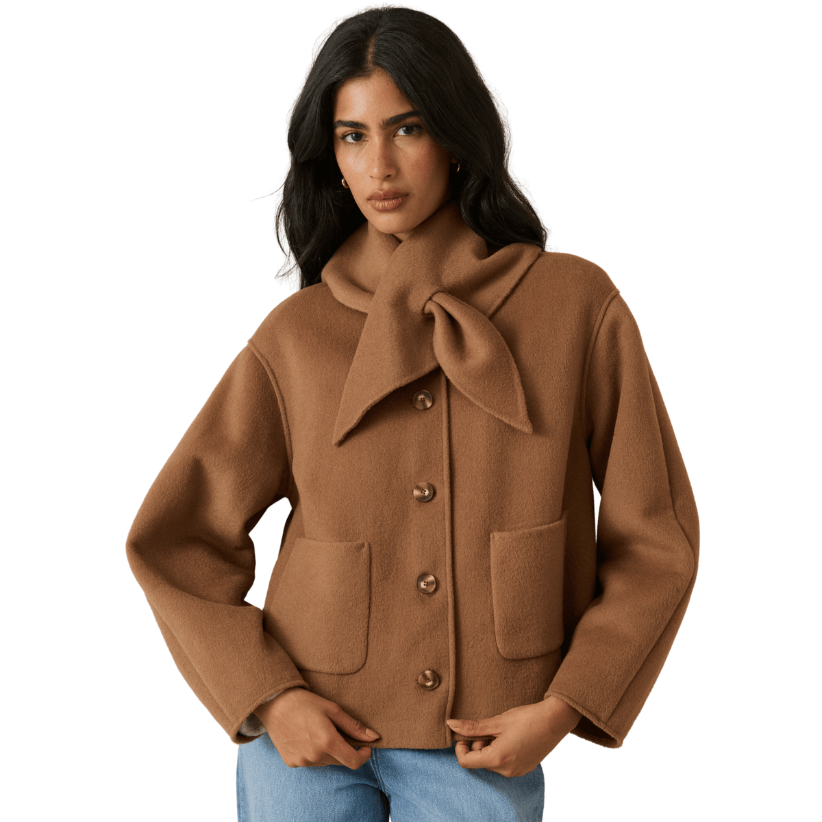 Womens Nobody's Child Beige Tie Neck Jacket