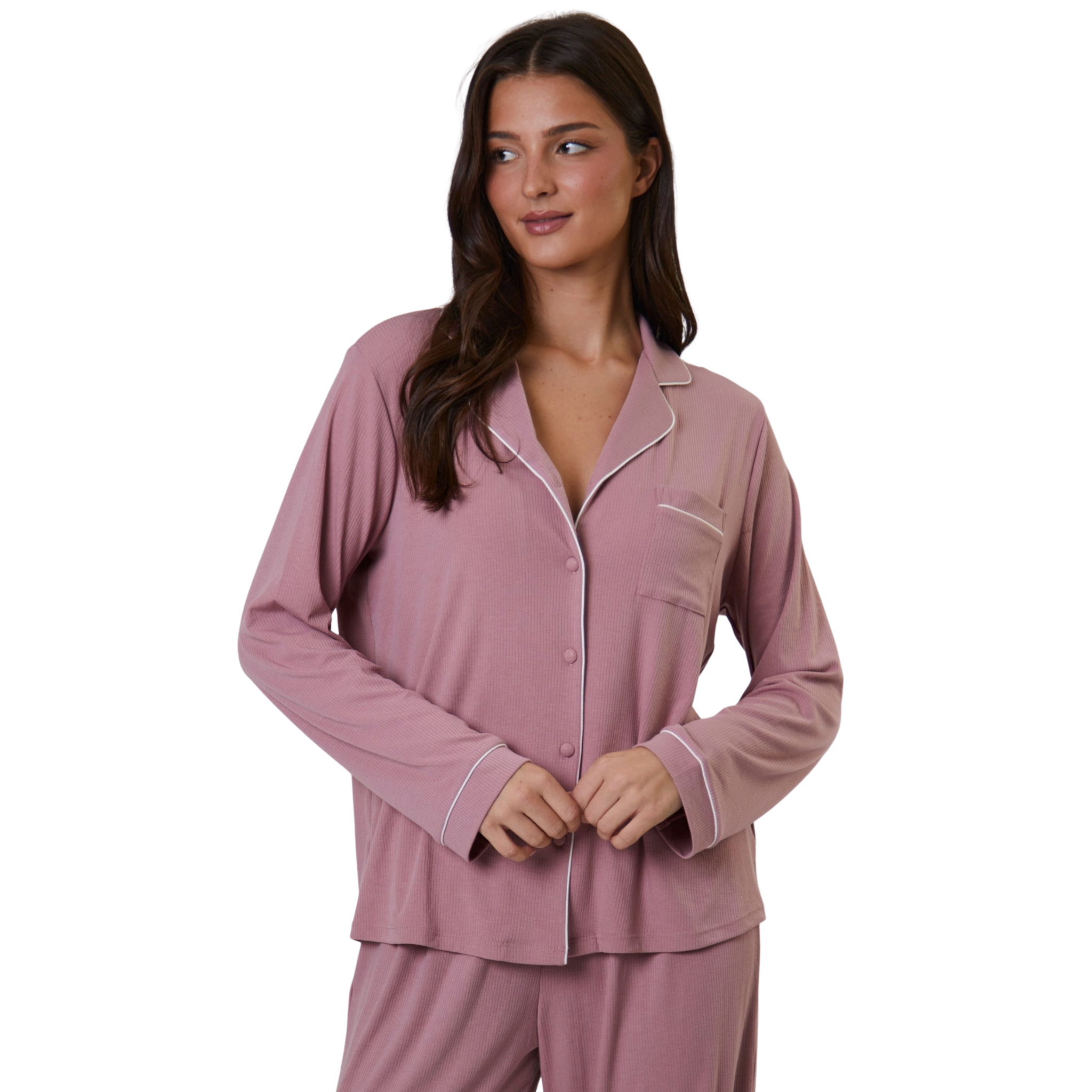 Womens Pink Rib L/s Buttoned Pyjamas