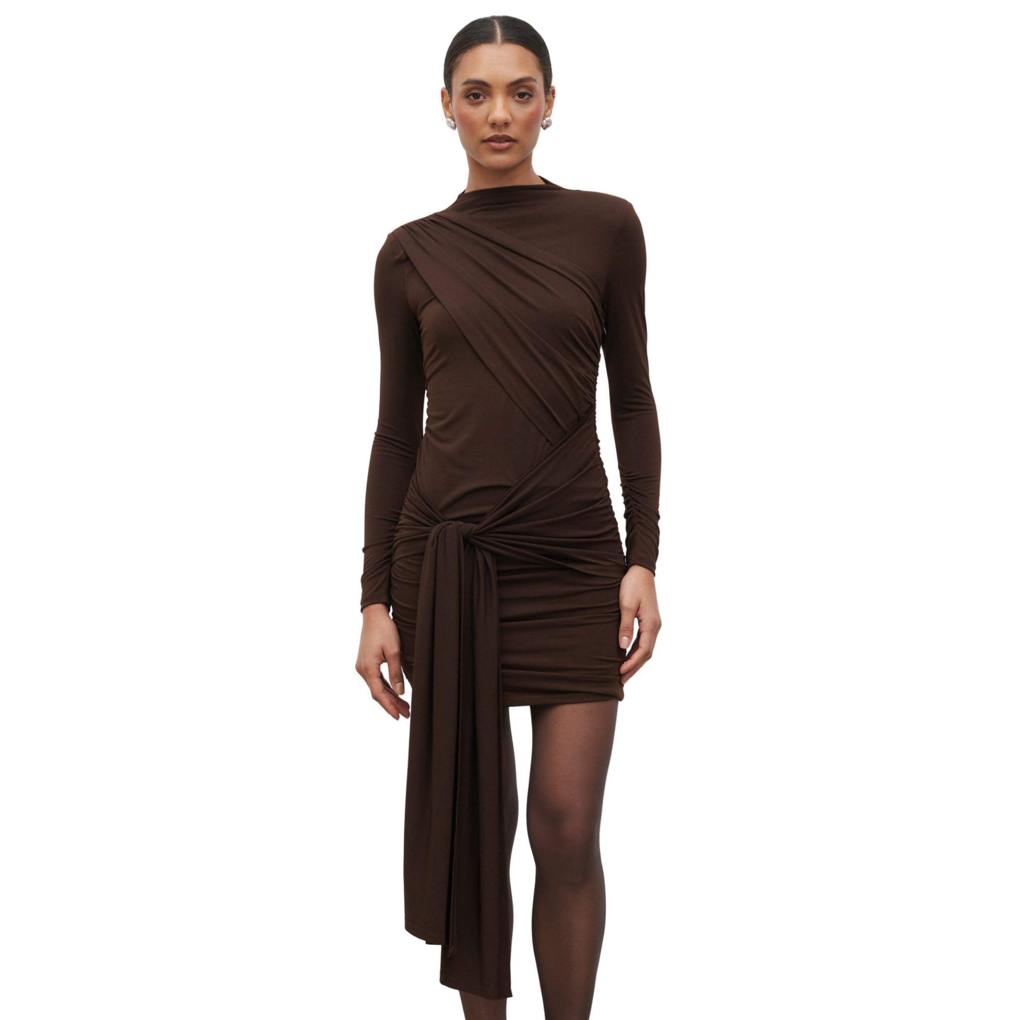 Womens Pretty Lavish Brown Raya Drape Jersey Mini Dress