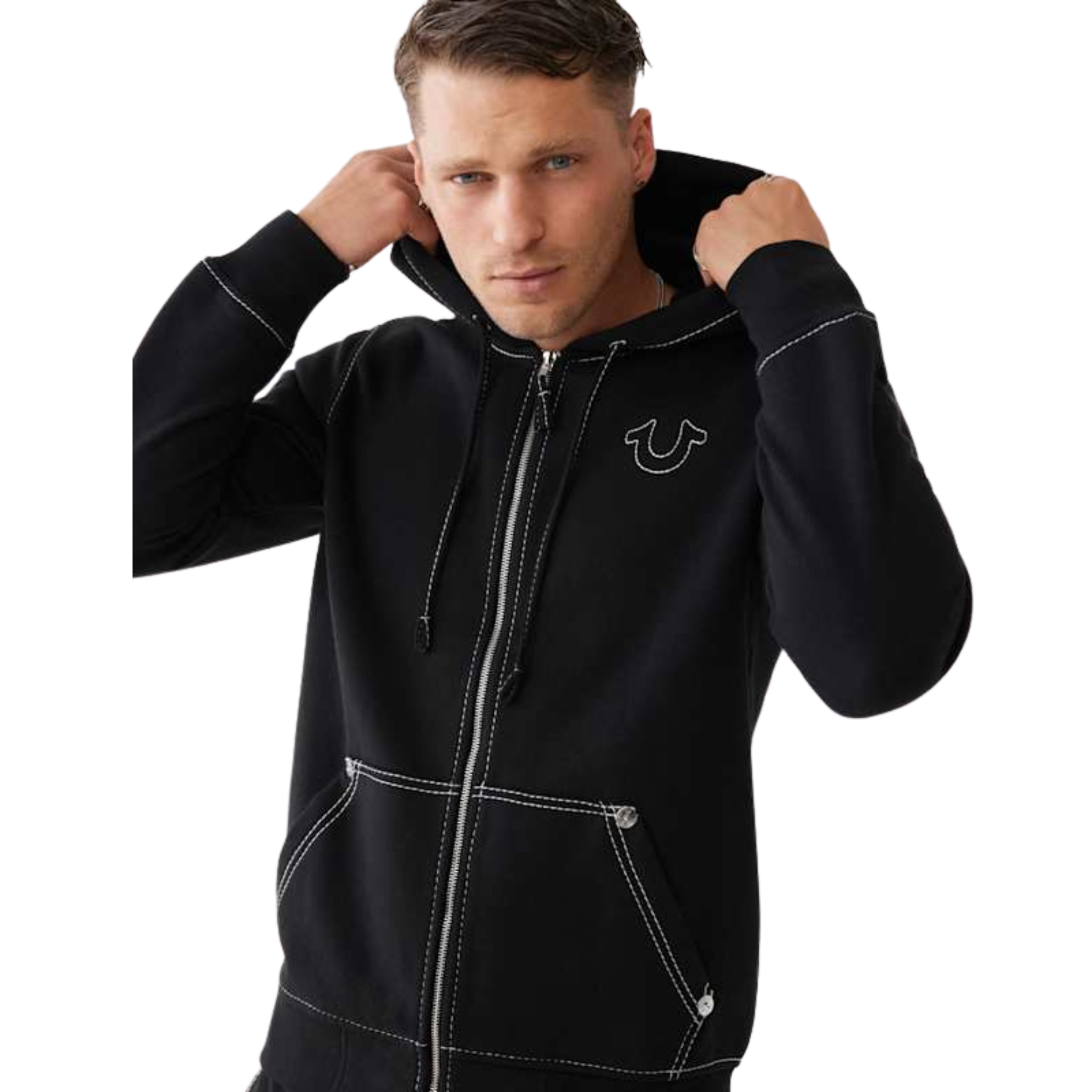 Mens True Religion Jet Black/White Big T Zip Up Hoodie