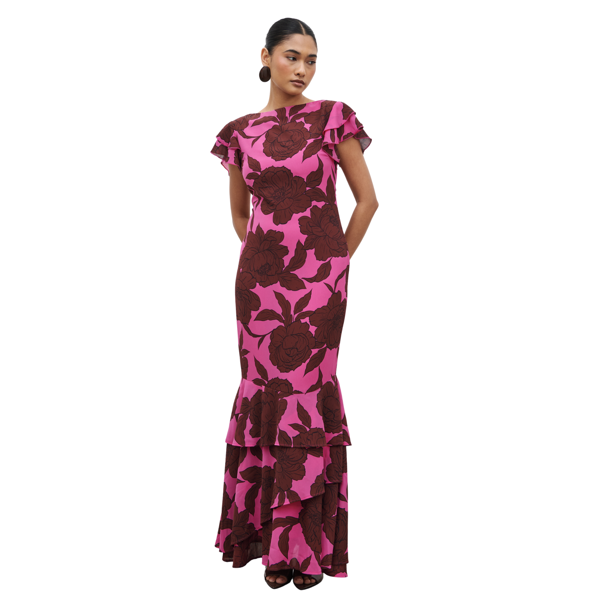 Womens Pretty Lavish Brown/Fuchsia Floral Ester Ruffle Maxi Dress