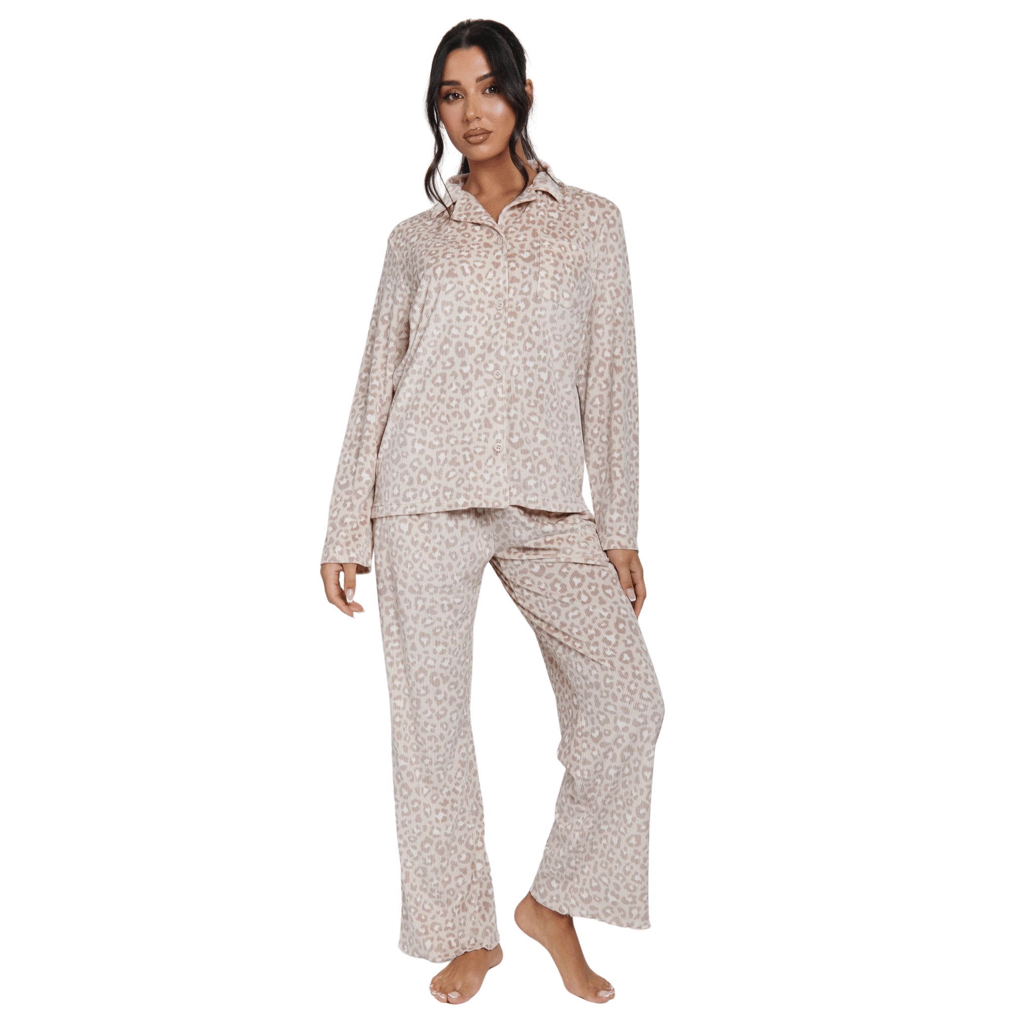 Womens Leopard Ribbed L/s Buttoned Pyjamas