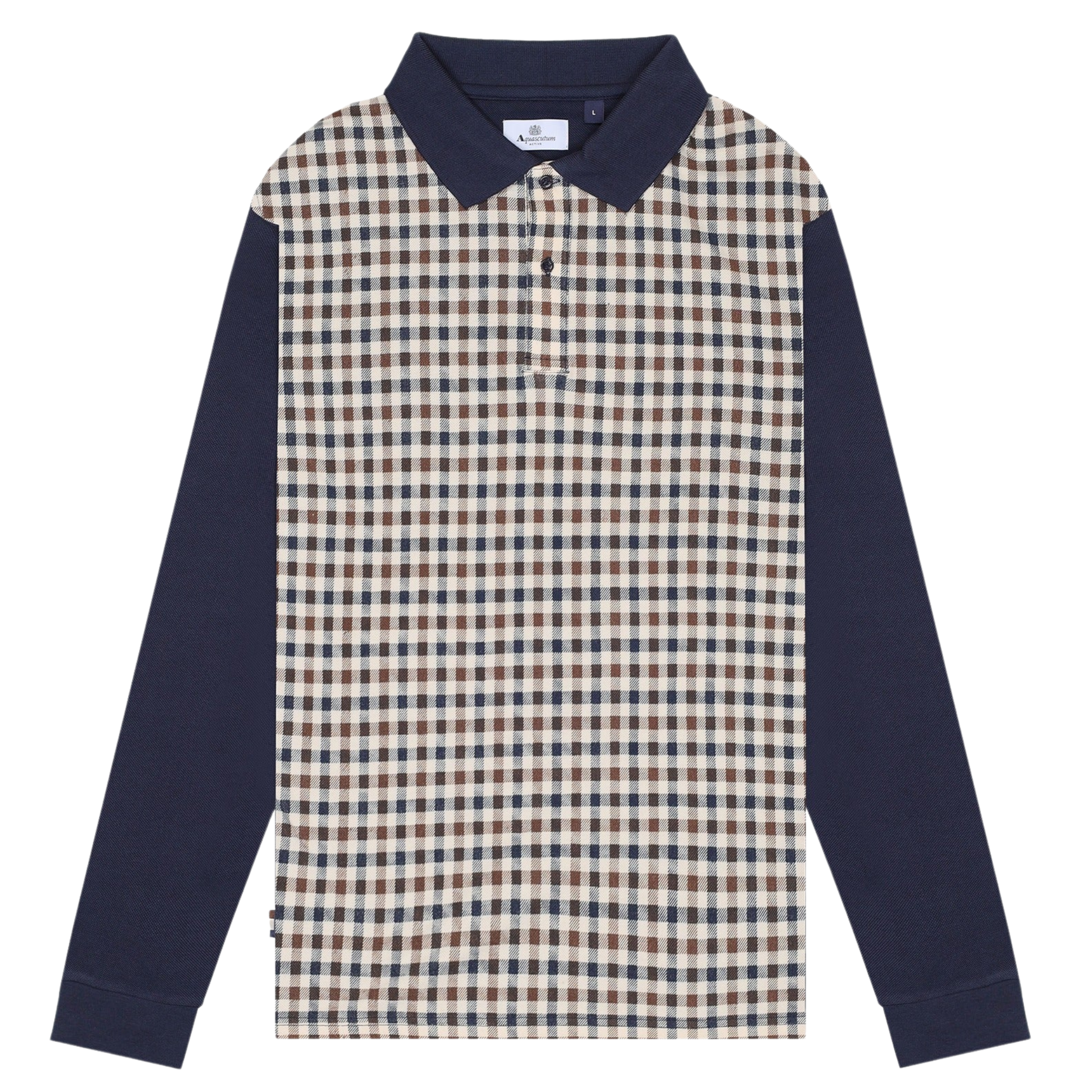 Mens Aquascutum Navy Club Check Front L/s Polo Shirt