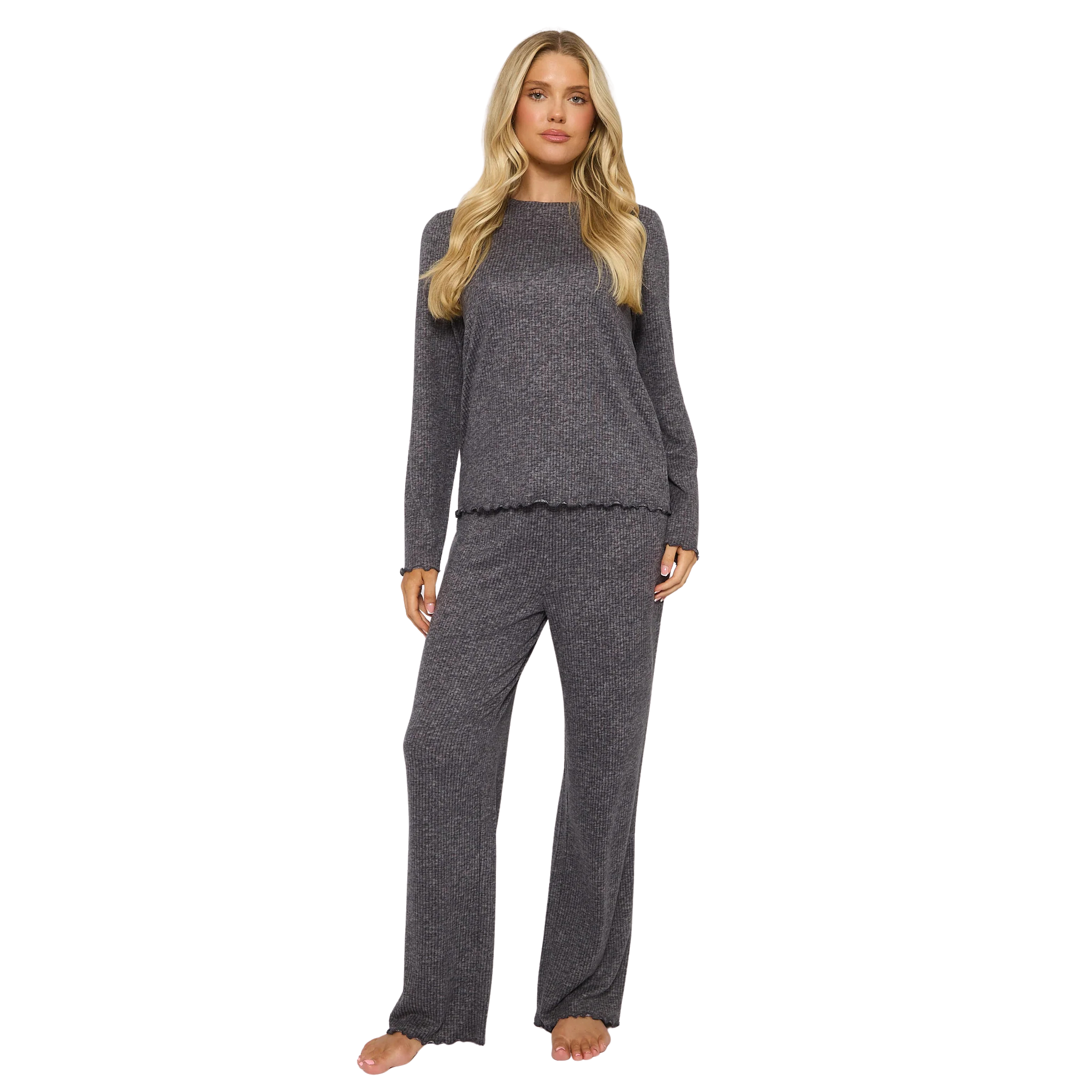 Womens Grey Marl Brushed Rib L/s Pyjama Set