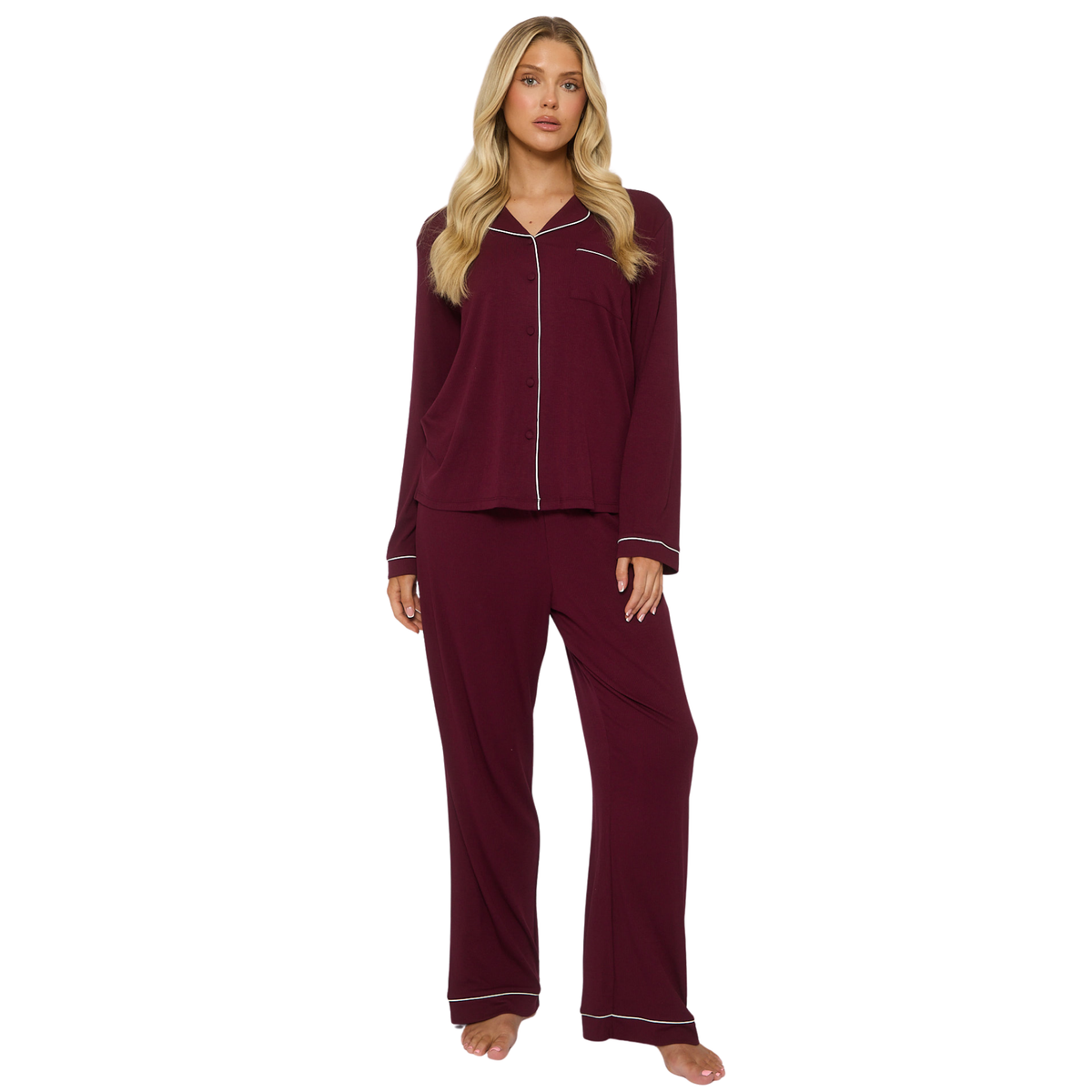 Womens Purple Rib L/s Buttoned Pyjamas