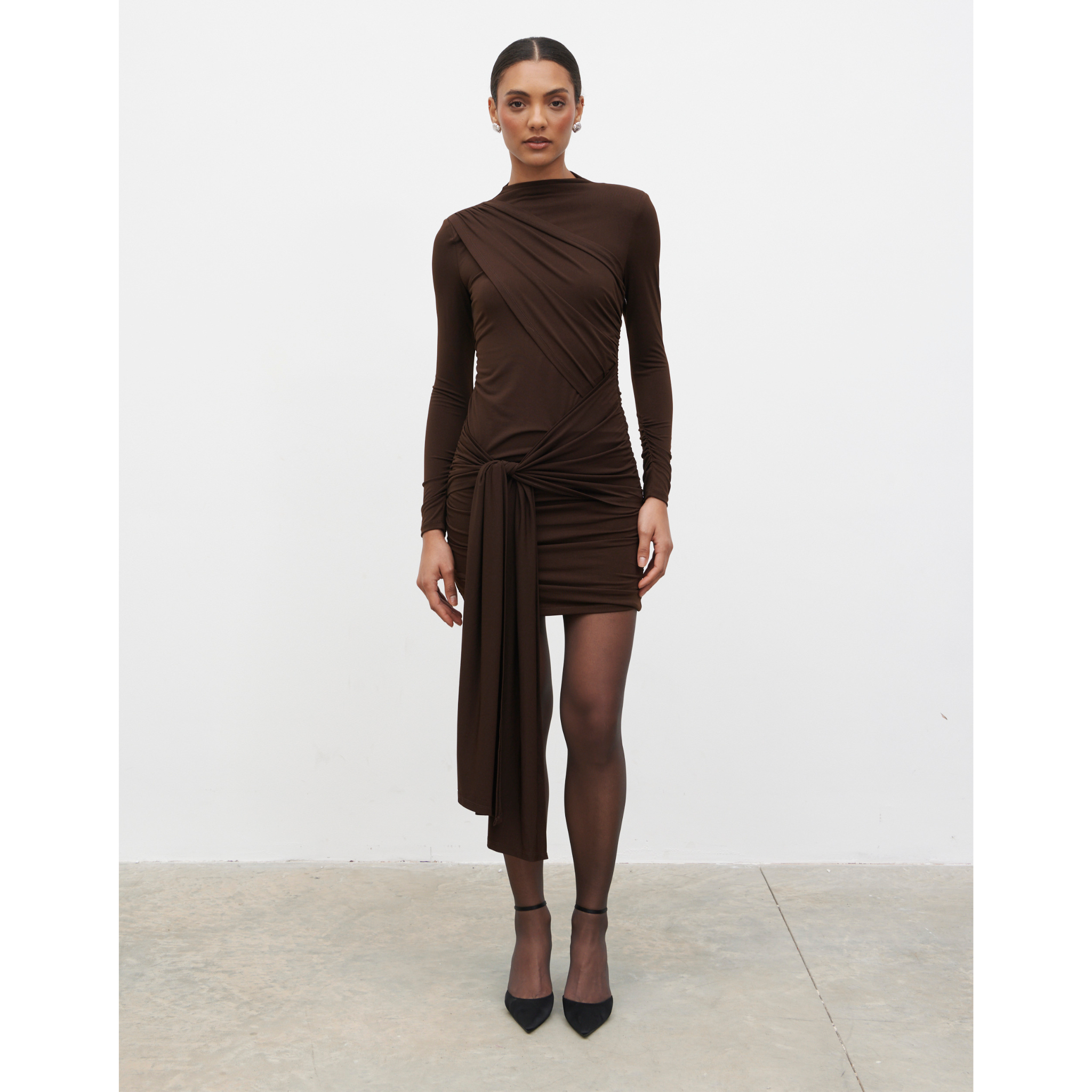 Womens Pretty Lavish Brown Raya Drape Jersey Mini Dress