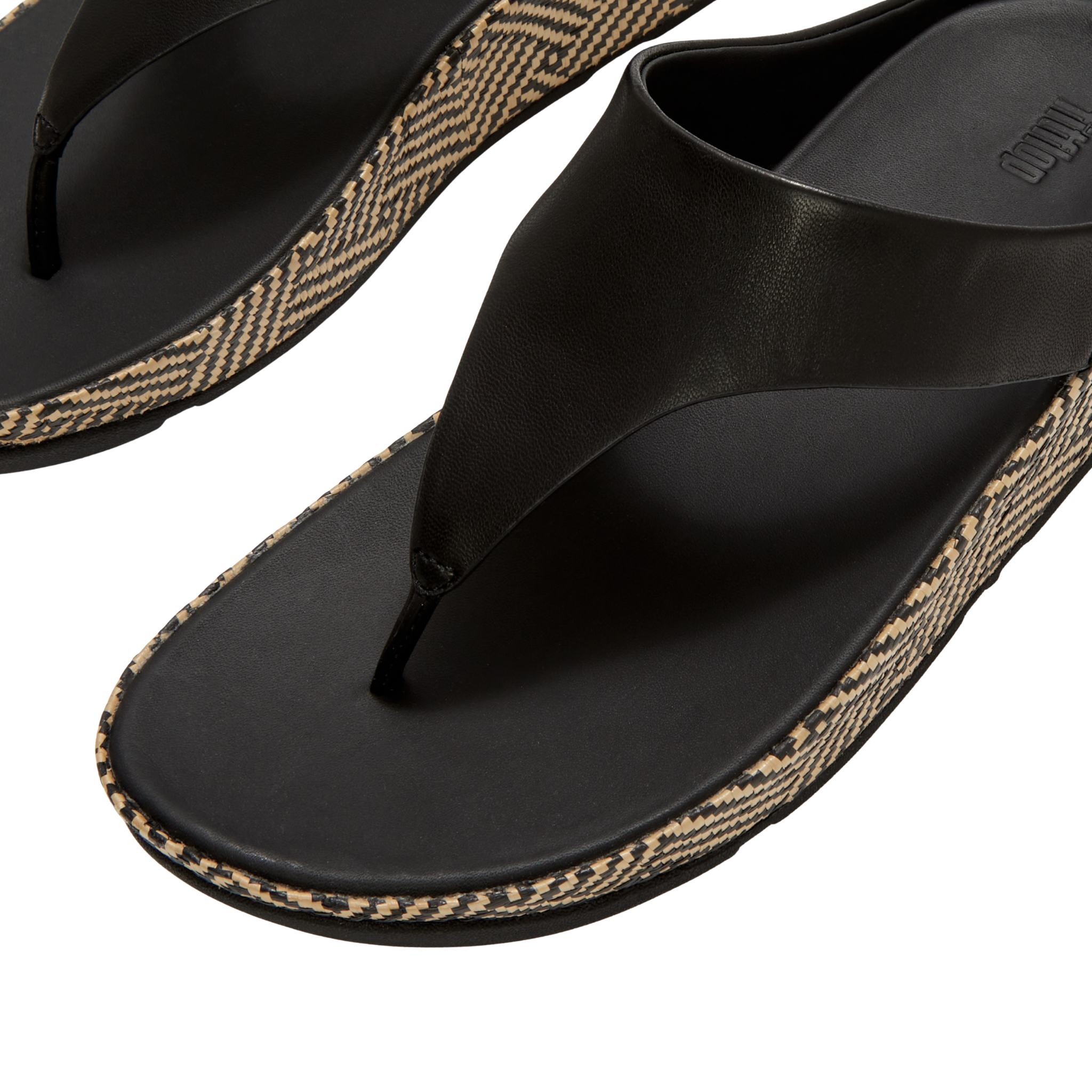 Womens FitFlop Black Graphic-Weave Lulu Lux Leather Toe-Post Sandals