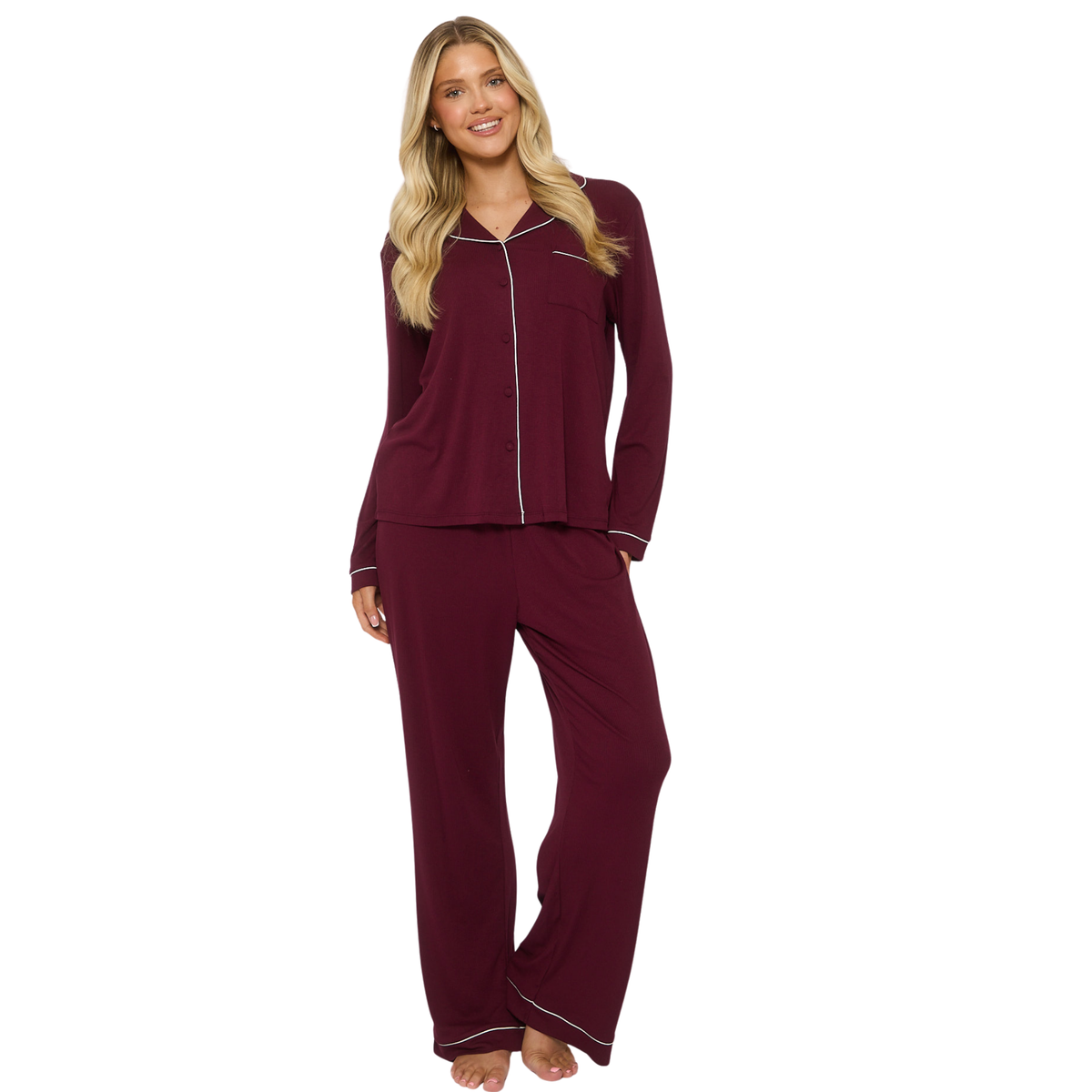Womens Purple Rib L/s Buttoned Pyjamas