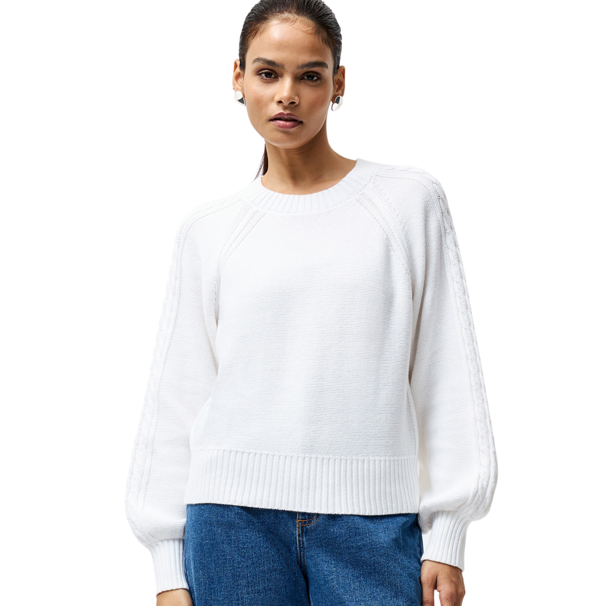 Womens French Connection Linen White Lily Cable Sleeve Jumper