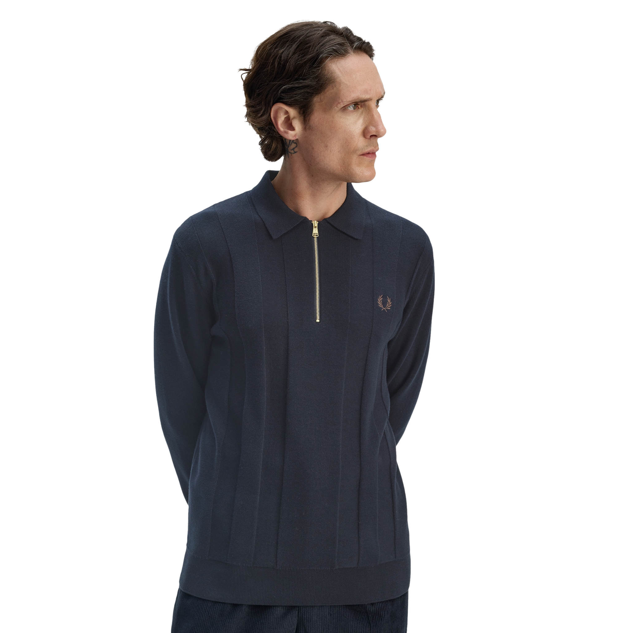 Mens Fred Perry Navy Tonal Stripe Knitted Zip Neck L/s Polo