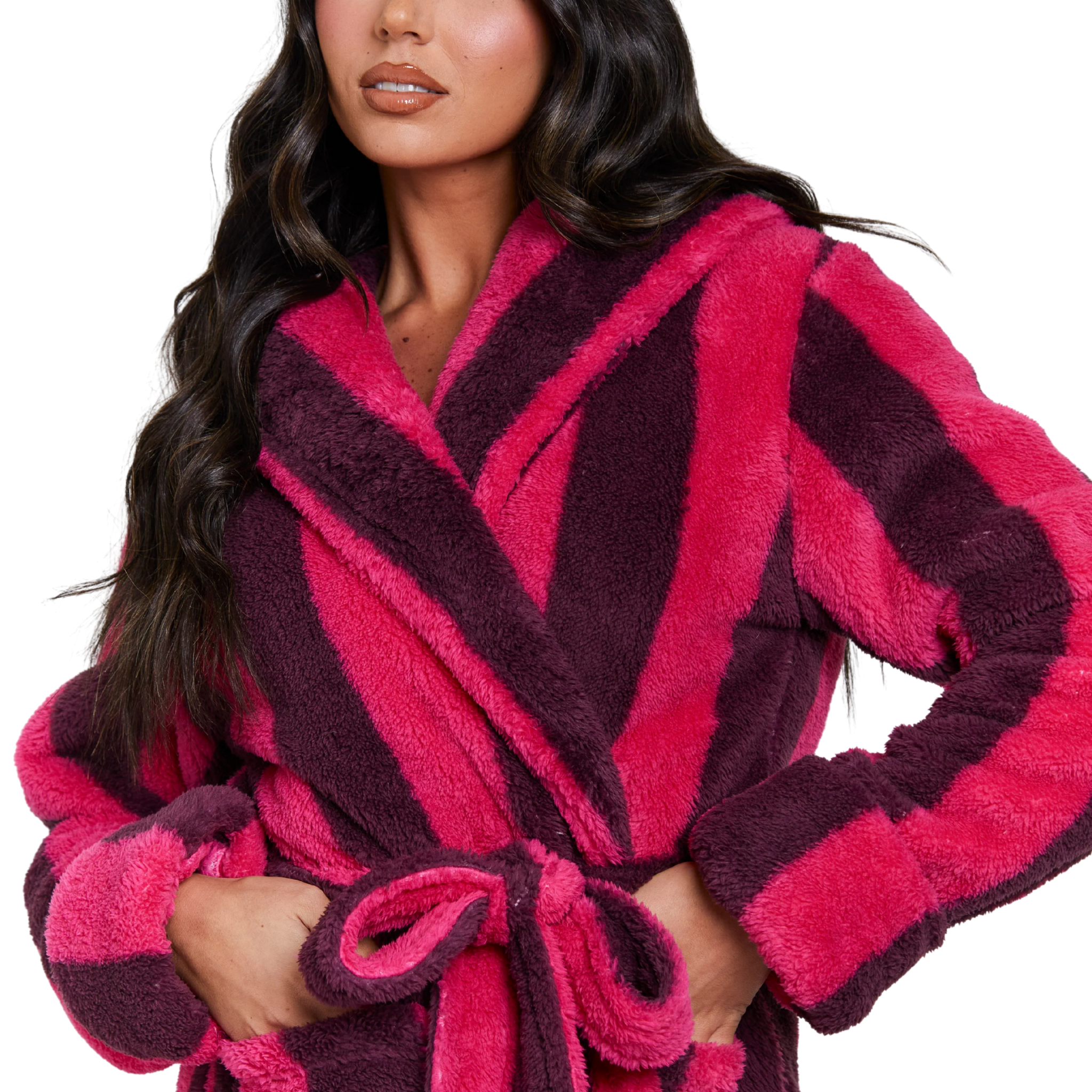 Womens Purple Chunky Sherpa Stripe Midi Hooded Dressing Gown