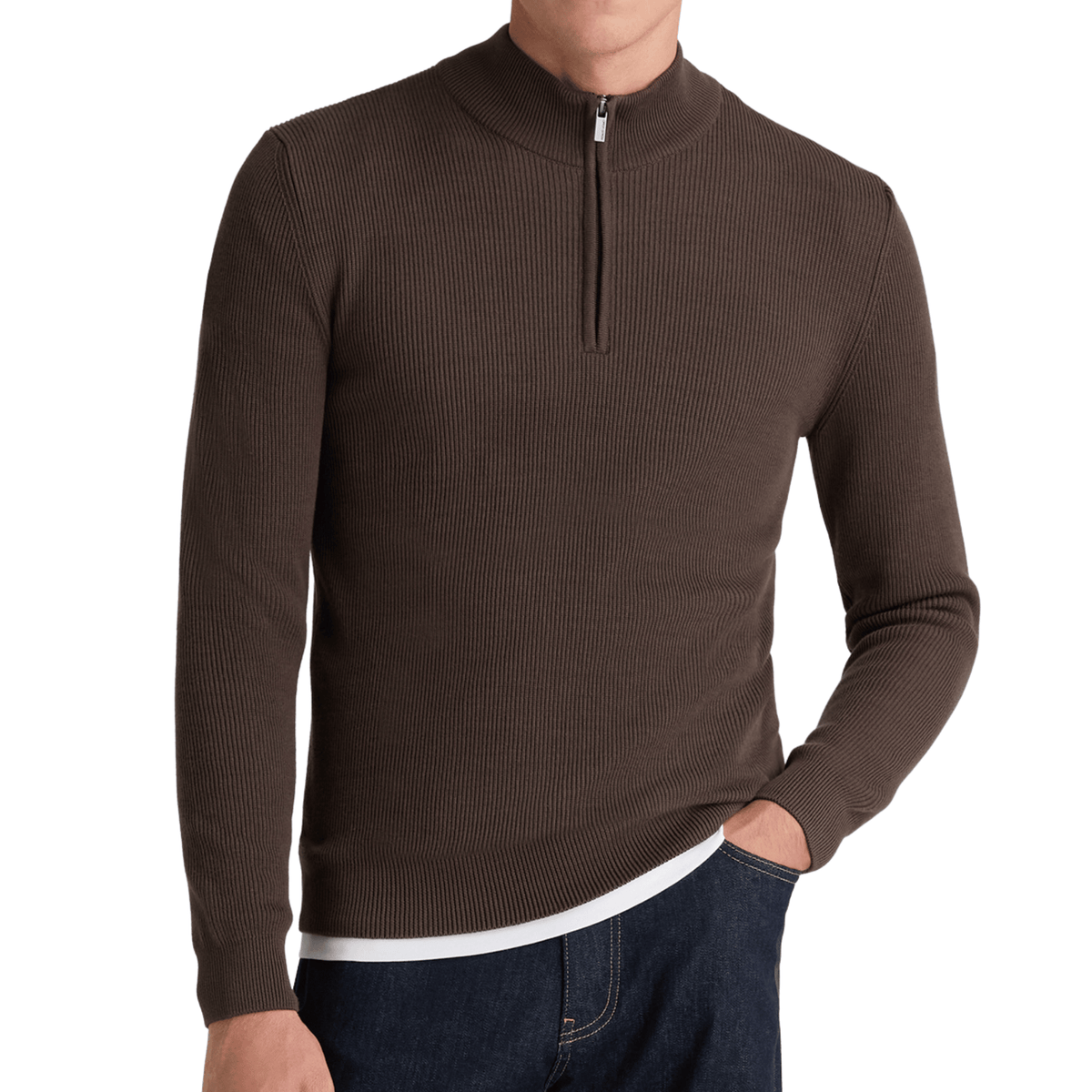 Mens Remus Uomo Brown Ribbed Half Zip Knit Jumper