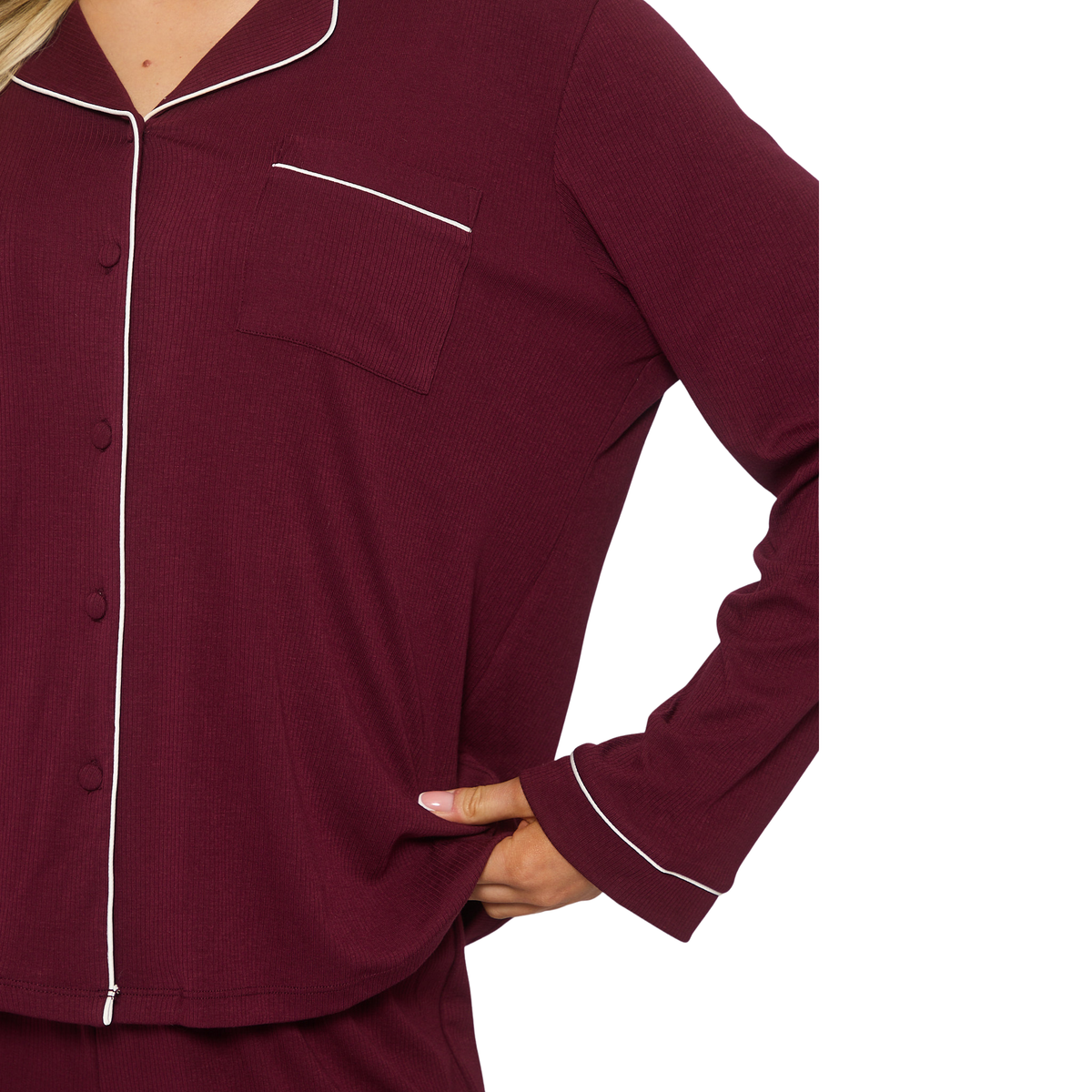 Womens Purple Rib L/s Buttoned Pyjamas