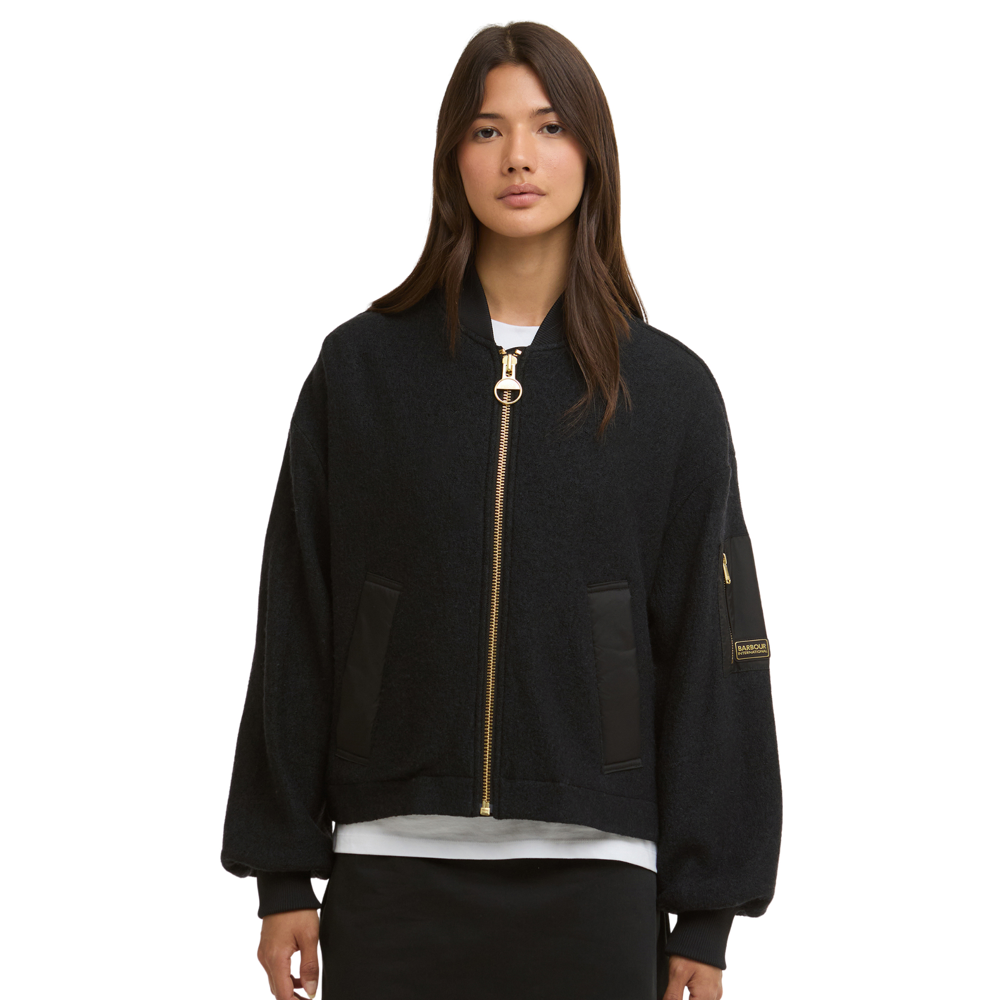 Womens Barbour International Black Monique Wool Bomber Jacket