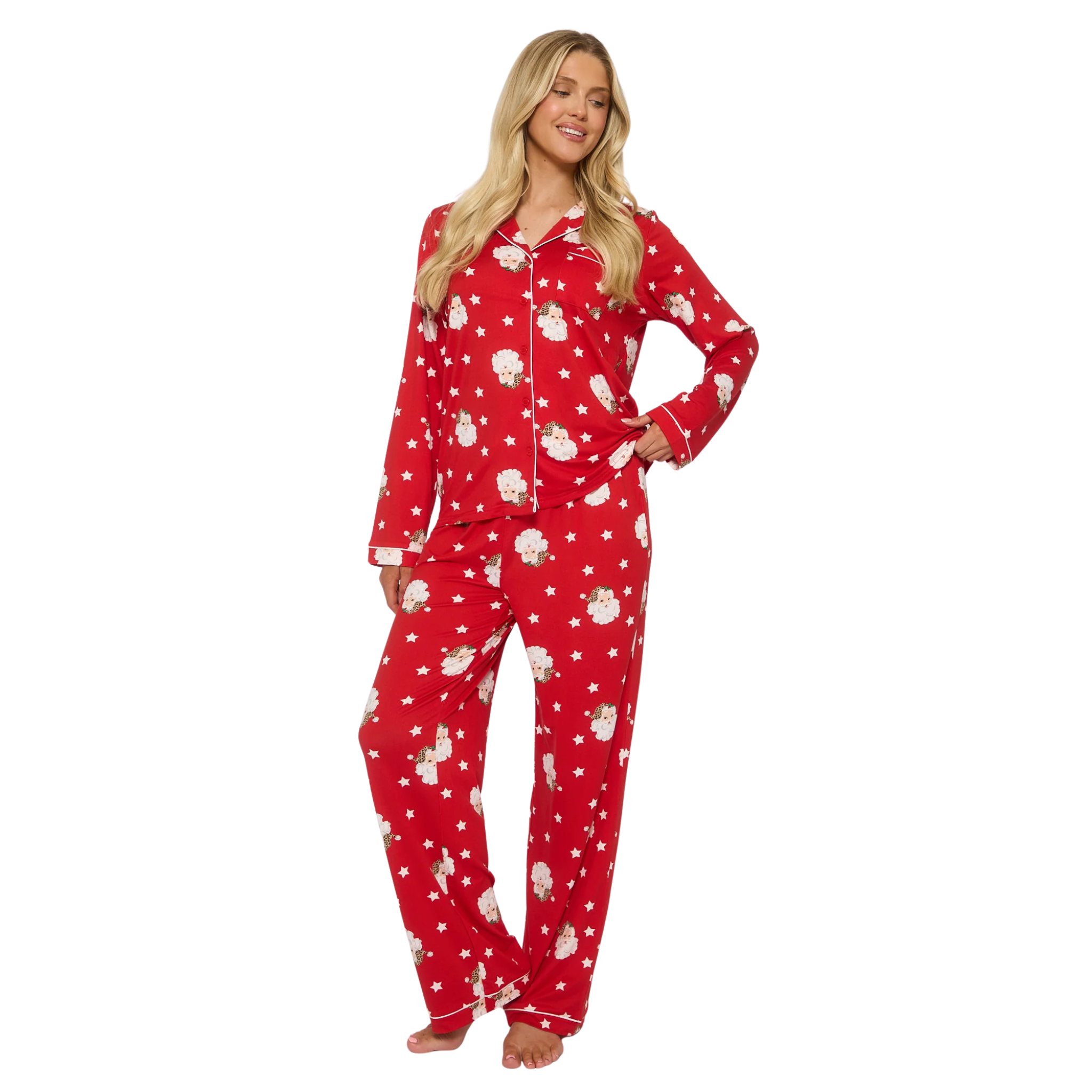 Womens Red Santa Button Shirt & Long Pant Pyjamas Set