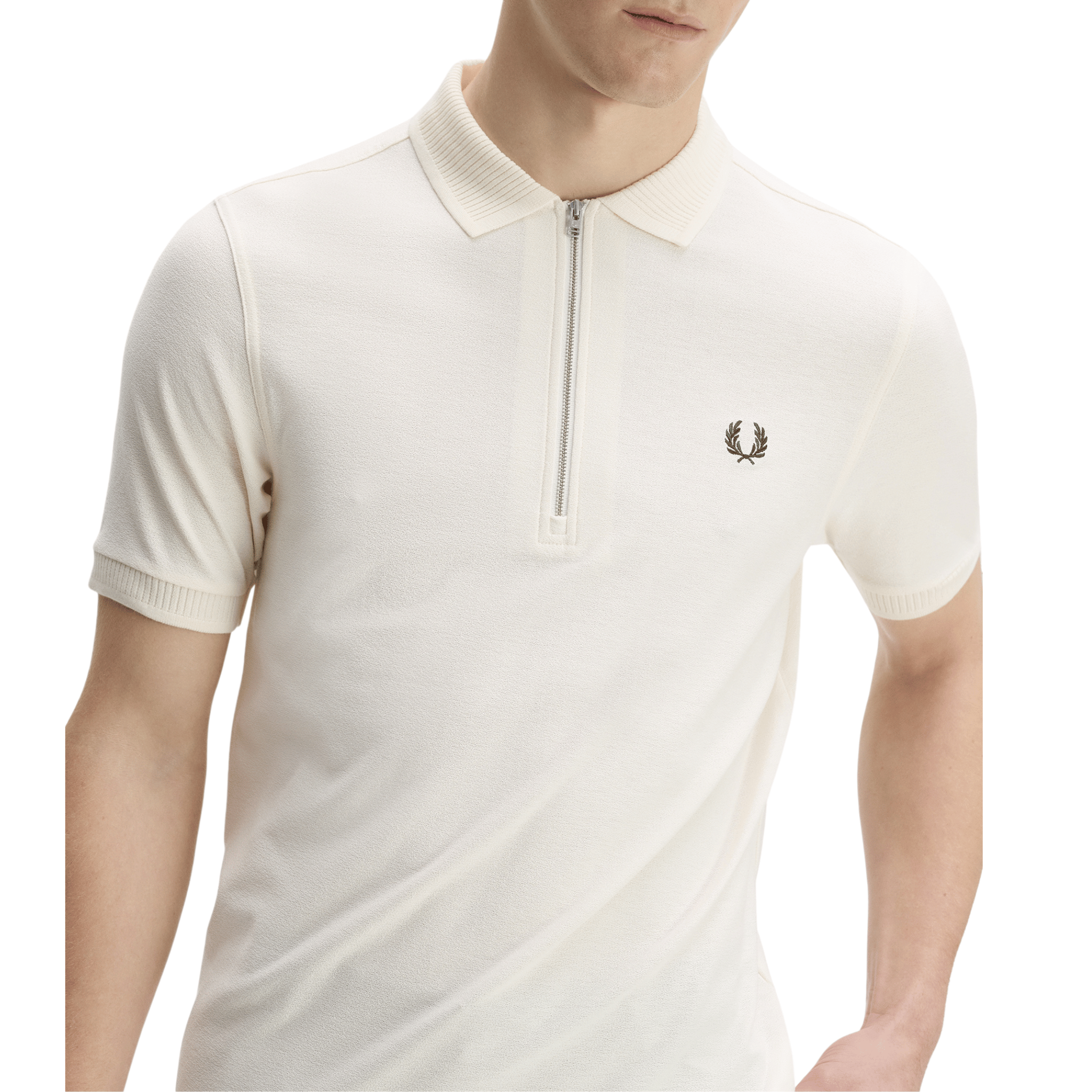 Mens Fred Perry Ecru Crepe Pique Zip Neck S/s Polo