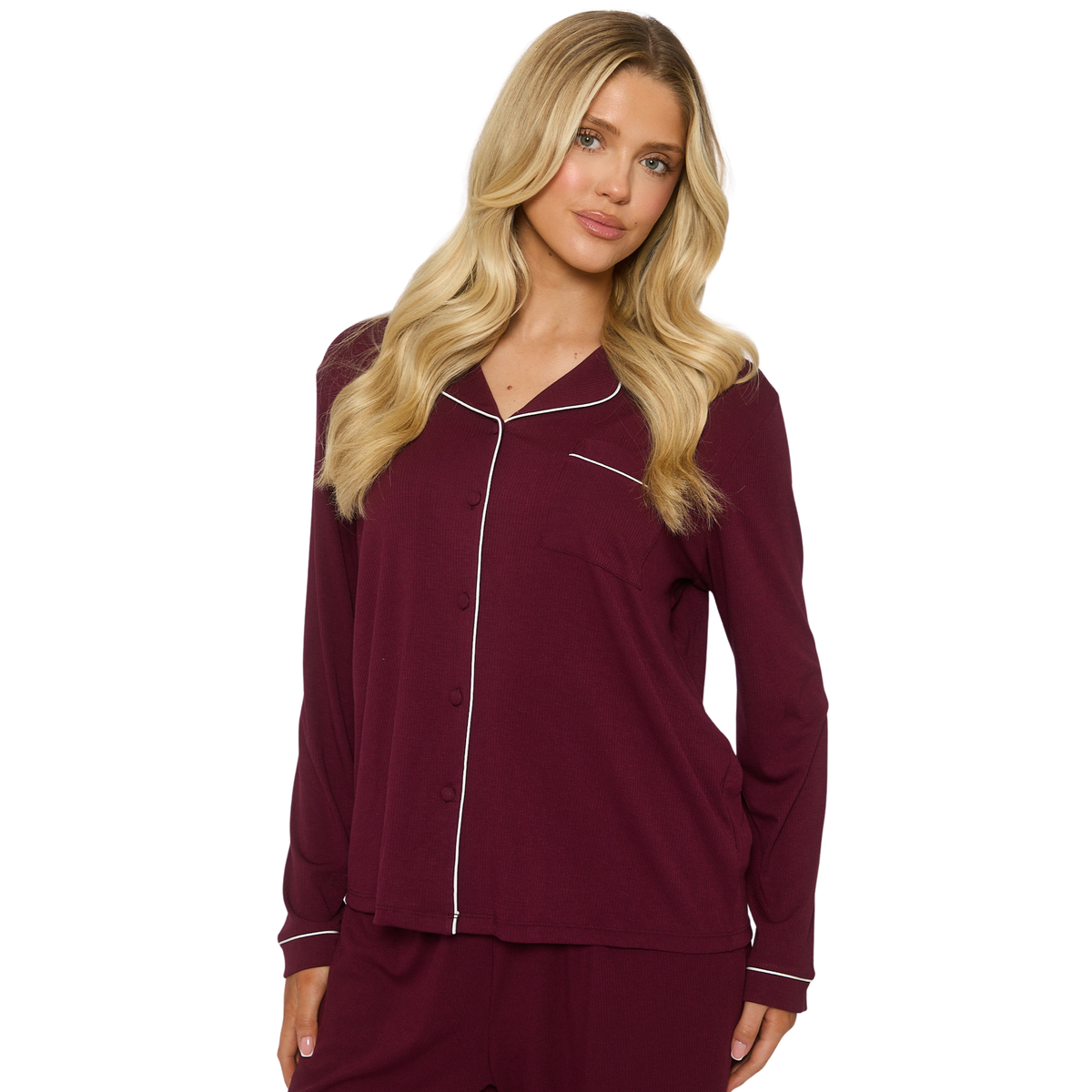 Womens Purple Rib L/s Buttoned Pyjamas