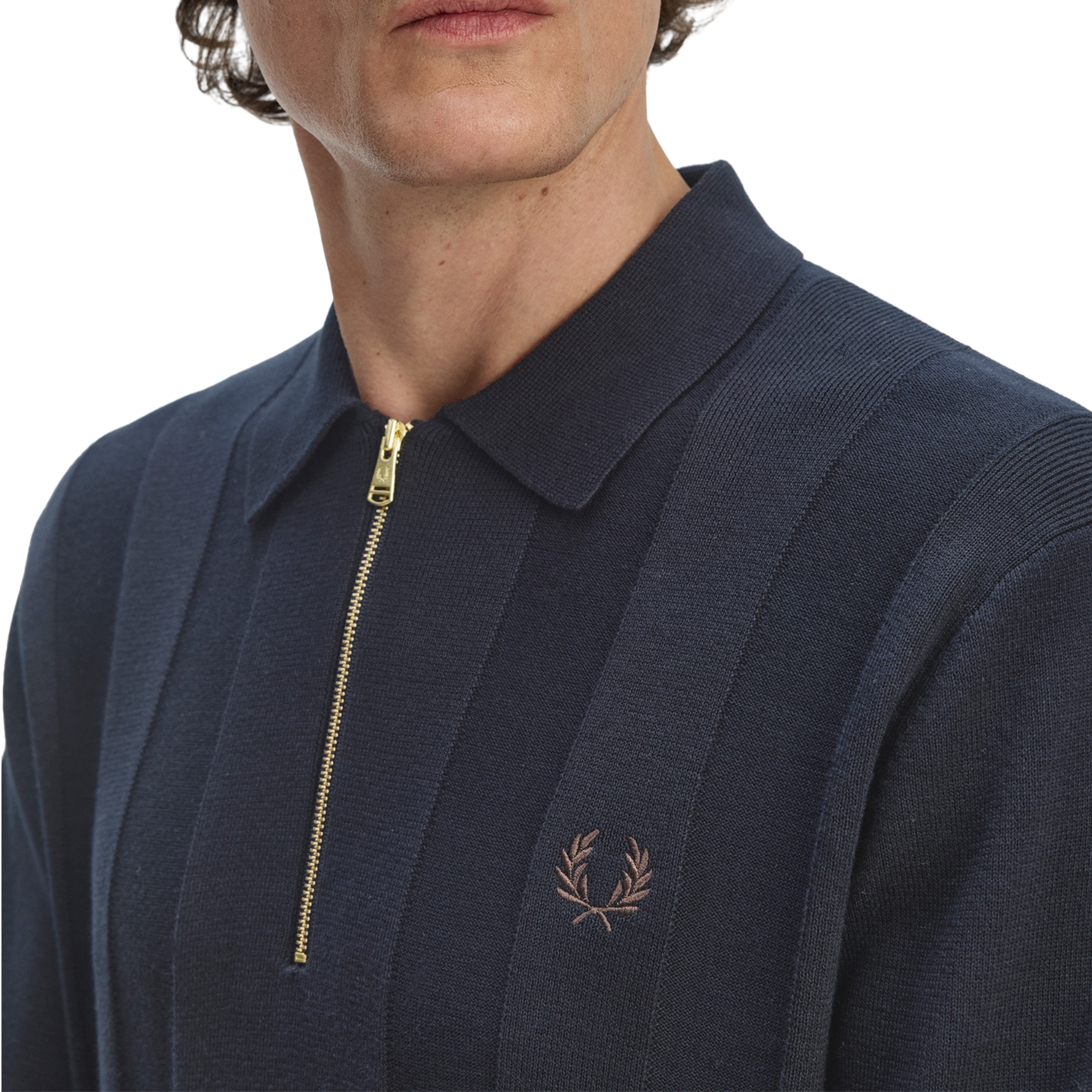 Mens Fred Perry Navy Tonal Stripe Knitted Zip Neck L/s Polo