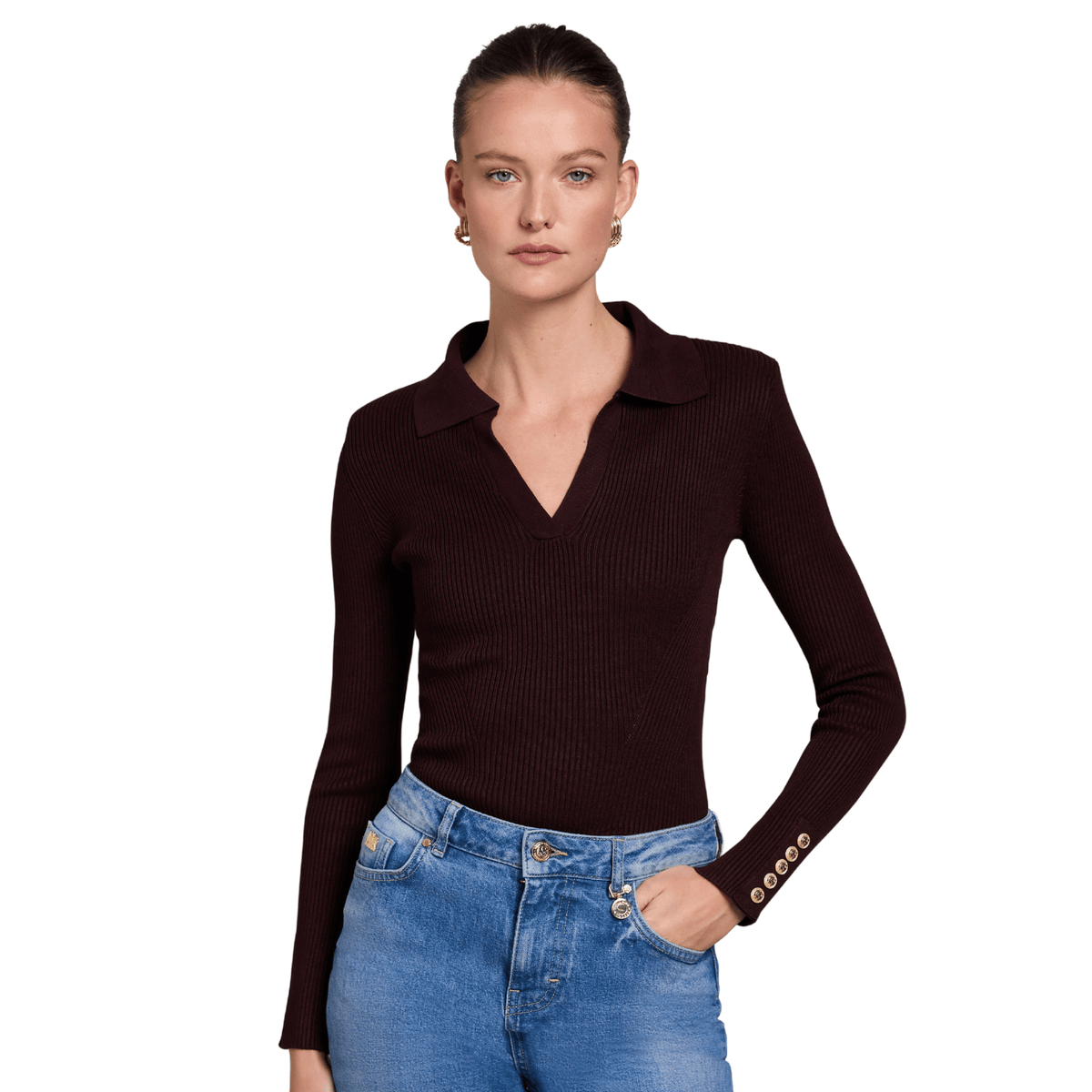 Womens Holland Cooper Chocolate V-Neck Rib Top