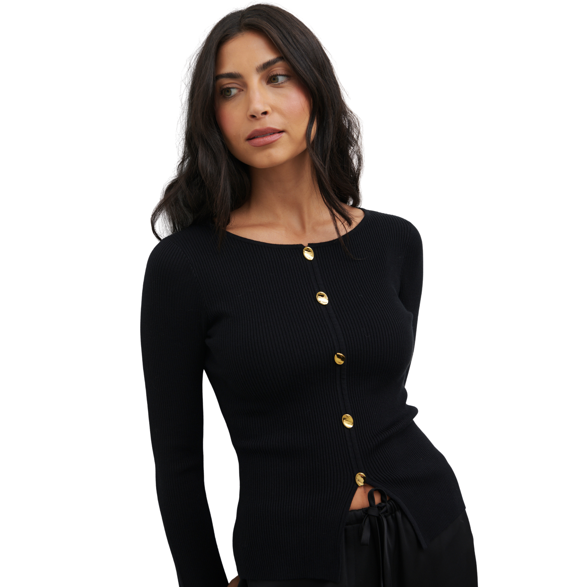 Womens Pretty Lavish Black Sissi Fine Knit Button Detail Top