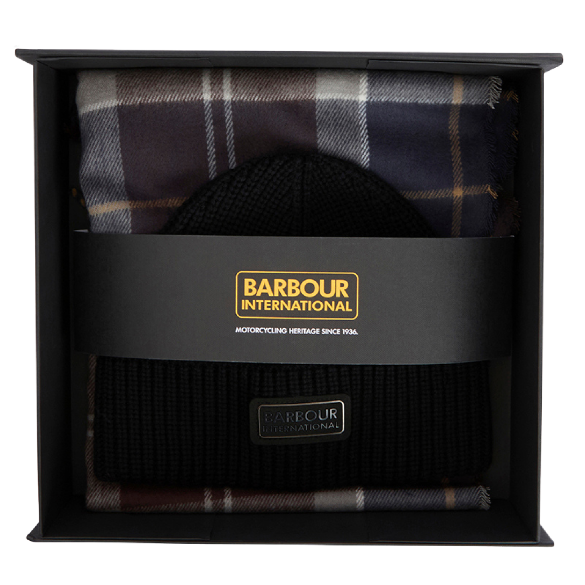 Mens Barbour International Black Sweeper Beanie & Scarf Gift Set