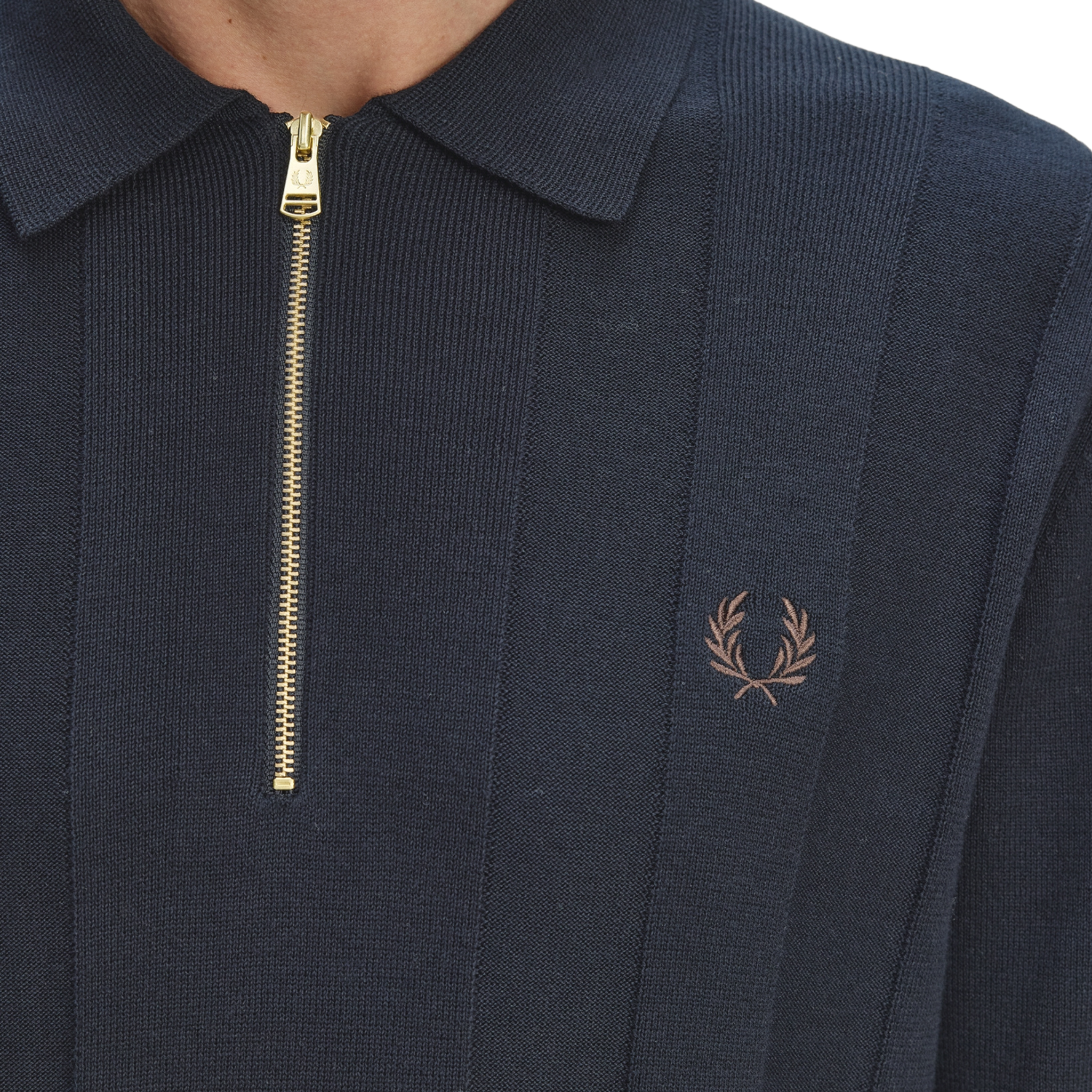 Mens Fred Perry Navy Tonal Stripe Knitted Zip Neck L/s Polo