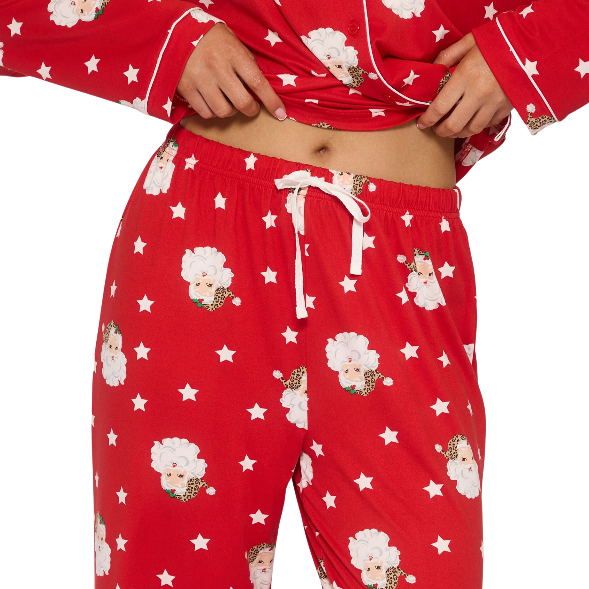 Womens Red Santa Button Shirt & Long Pant Pyjamas Set