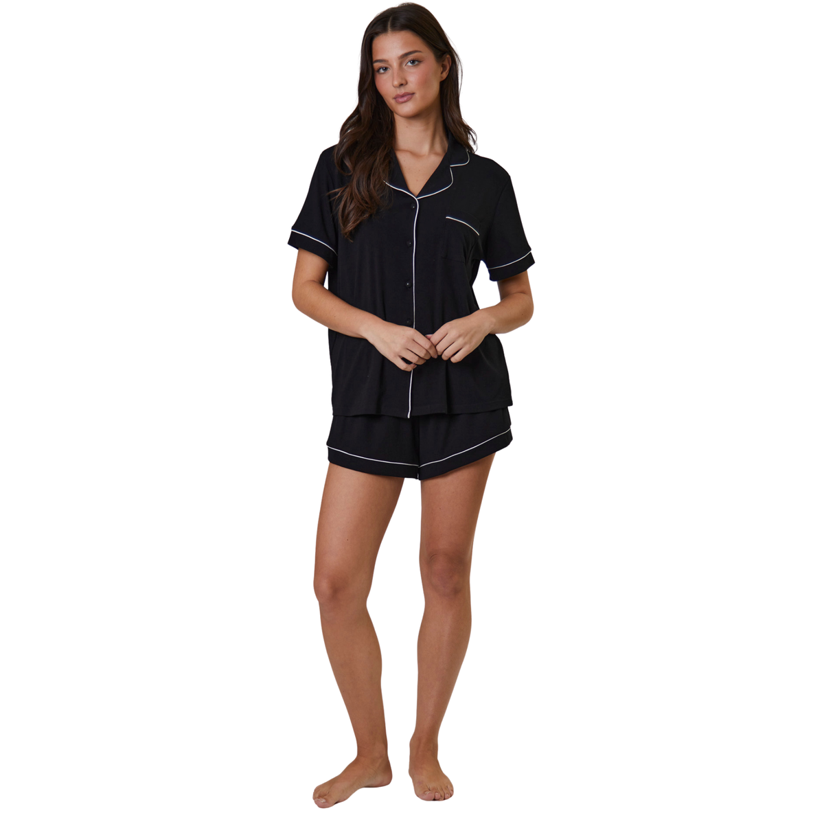 Womens Black Rib S/s Pyjama Shorts Set