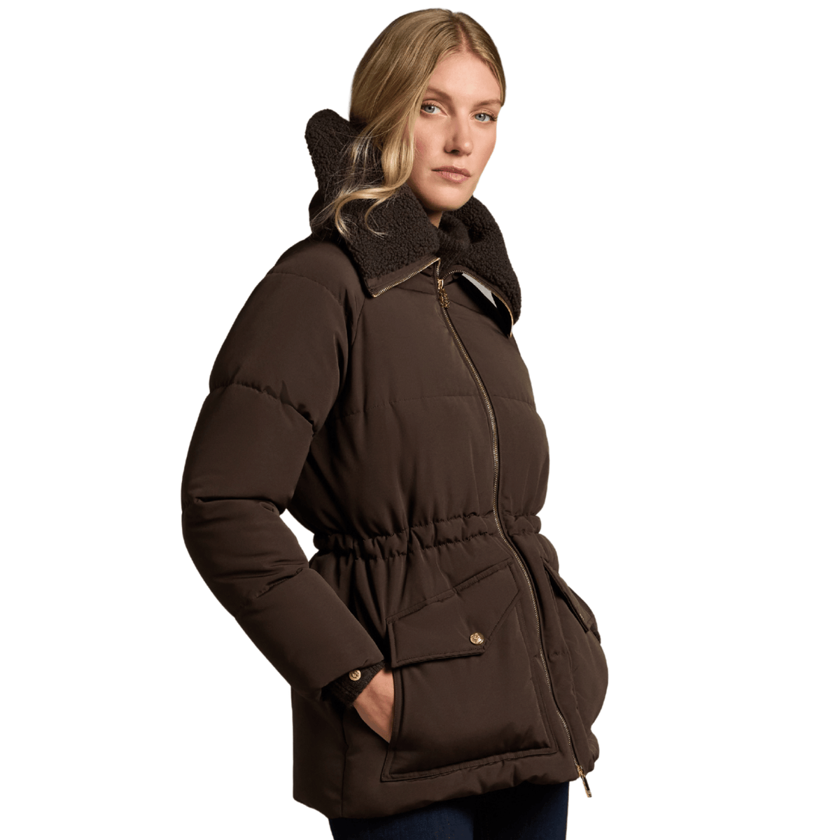Womens Holland Cooper Chocolate Borg Collar Padded Coat