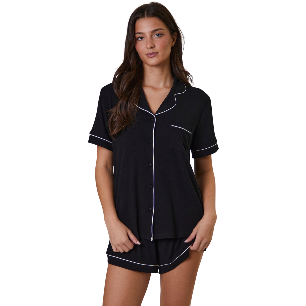 Womens Black Rib S/s Pyjama Shorts Set