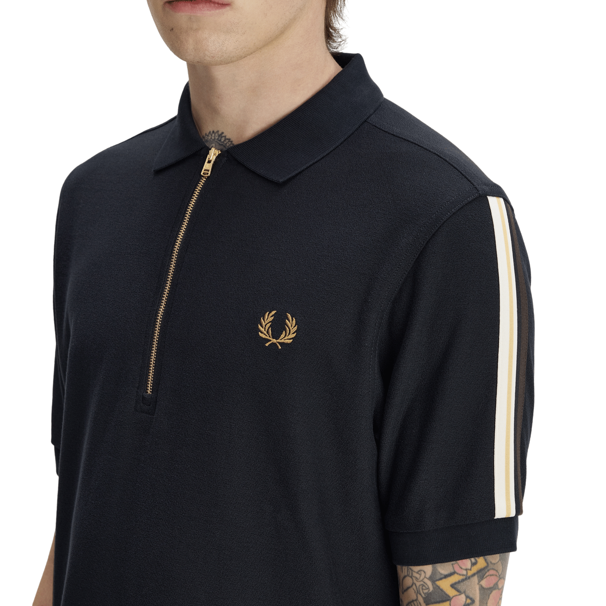 Mens Fred Perry Black Tipped Tape Zip Neck S/s Polo