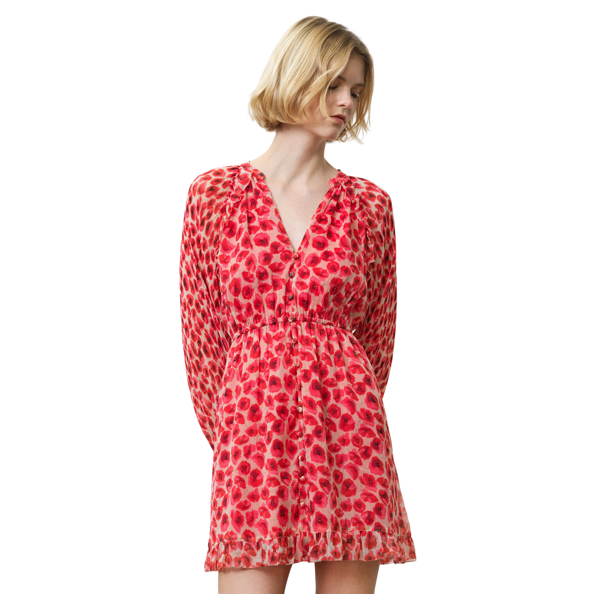 Womens French Connection Red Multi Poppy Emina Pleated Sleeve Dress