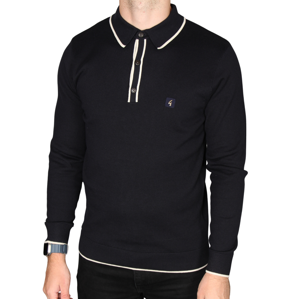 Mens Gabicci Vintage Navy Lineker Tipped Knitted L/s Polo