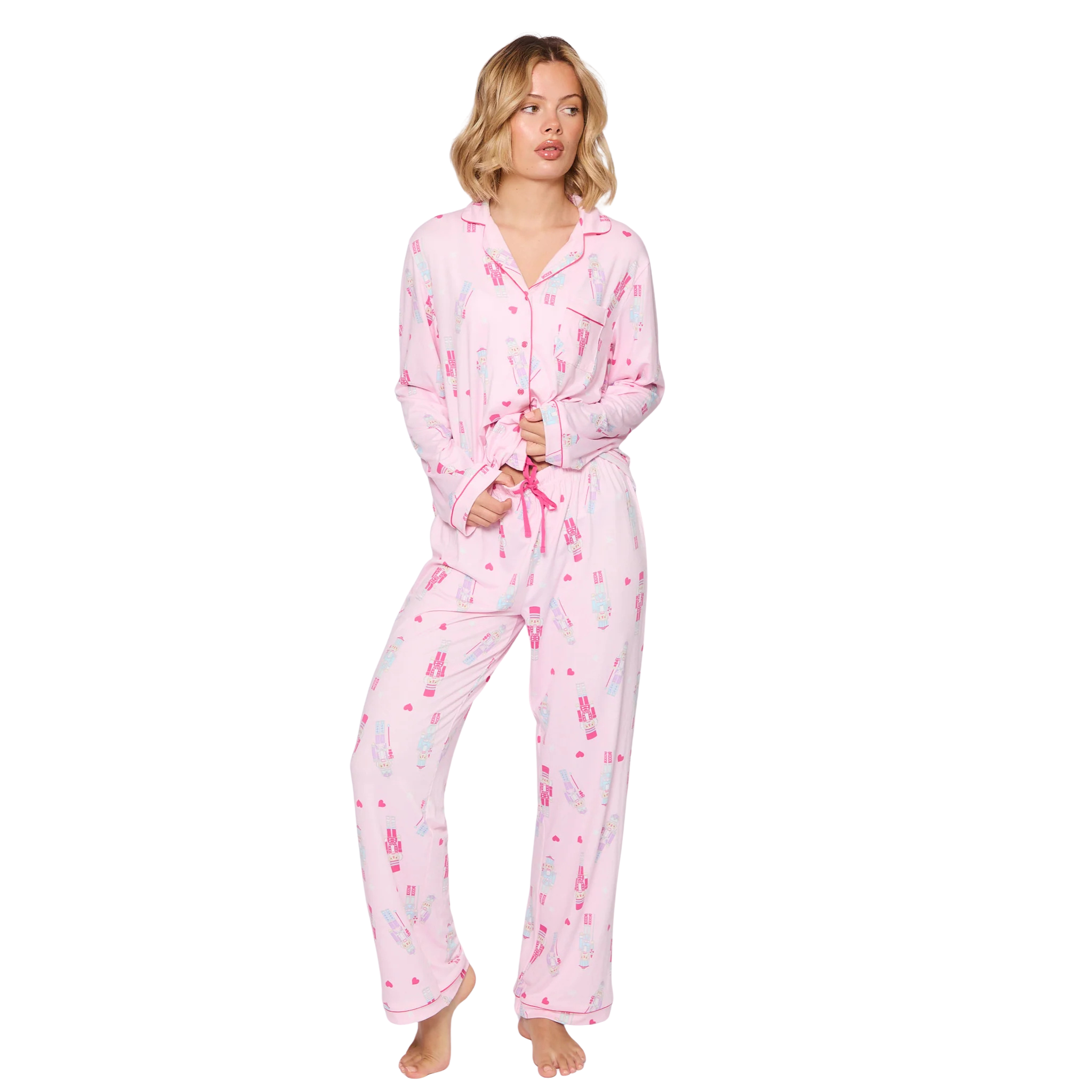 Womens Pink Nutcracker Print Wide Leg Traditional Pyjama Set